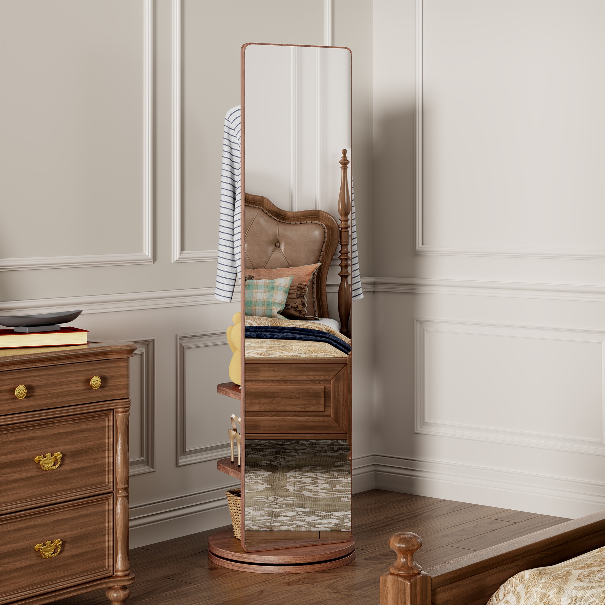 Wooakway Walnut Swivel 66x17.8 in Multifunctional Full Length Mirror with Hook Storage Rack Coat Rack Solid Wood Floor Mirror for Bedroom Living Room Cloakroom Space Saving
