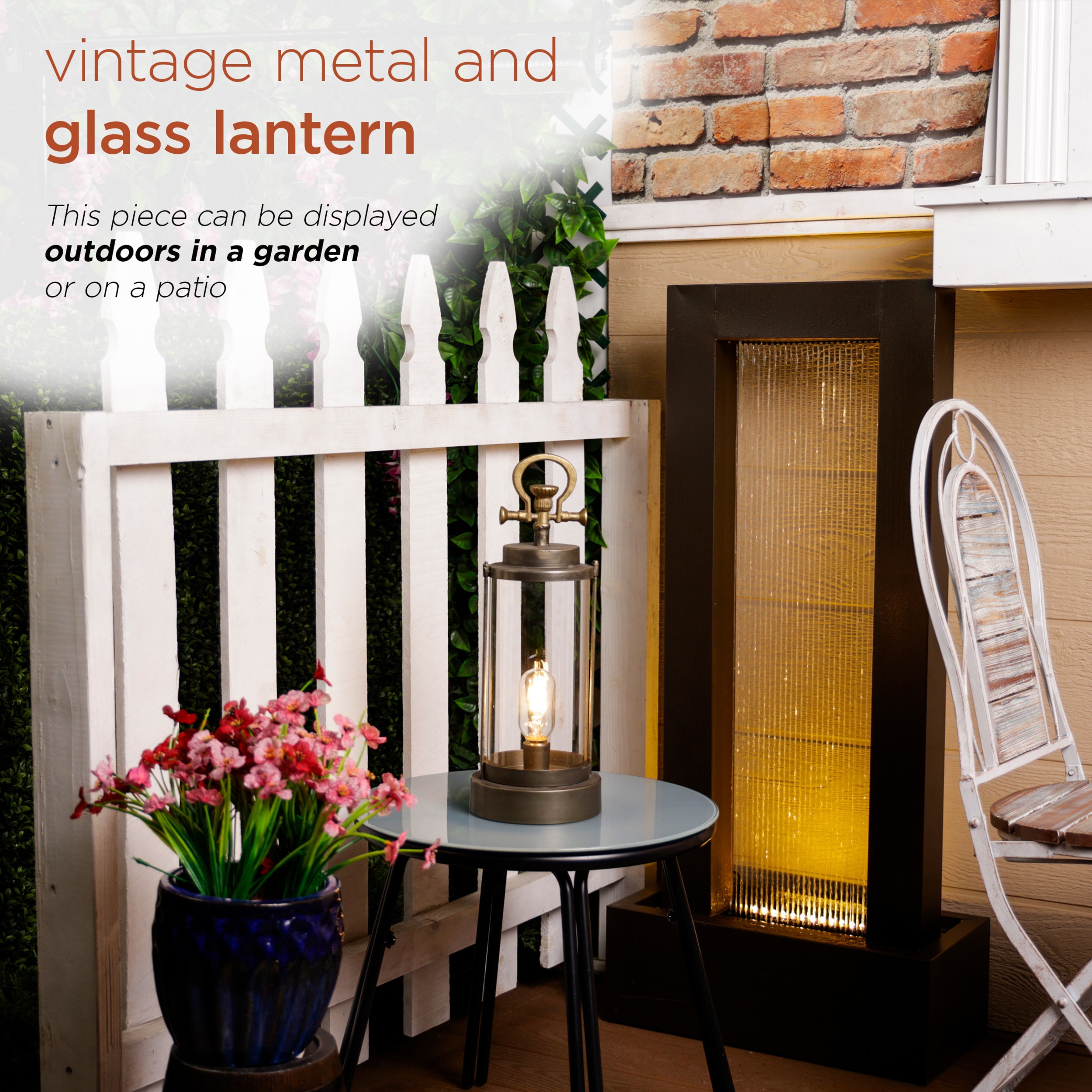 Vintage Gold Metal and Glass Lantern with LED Light