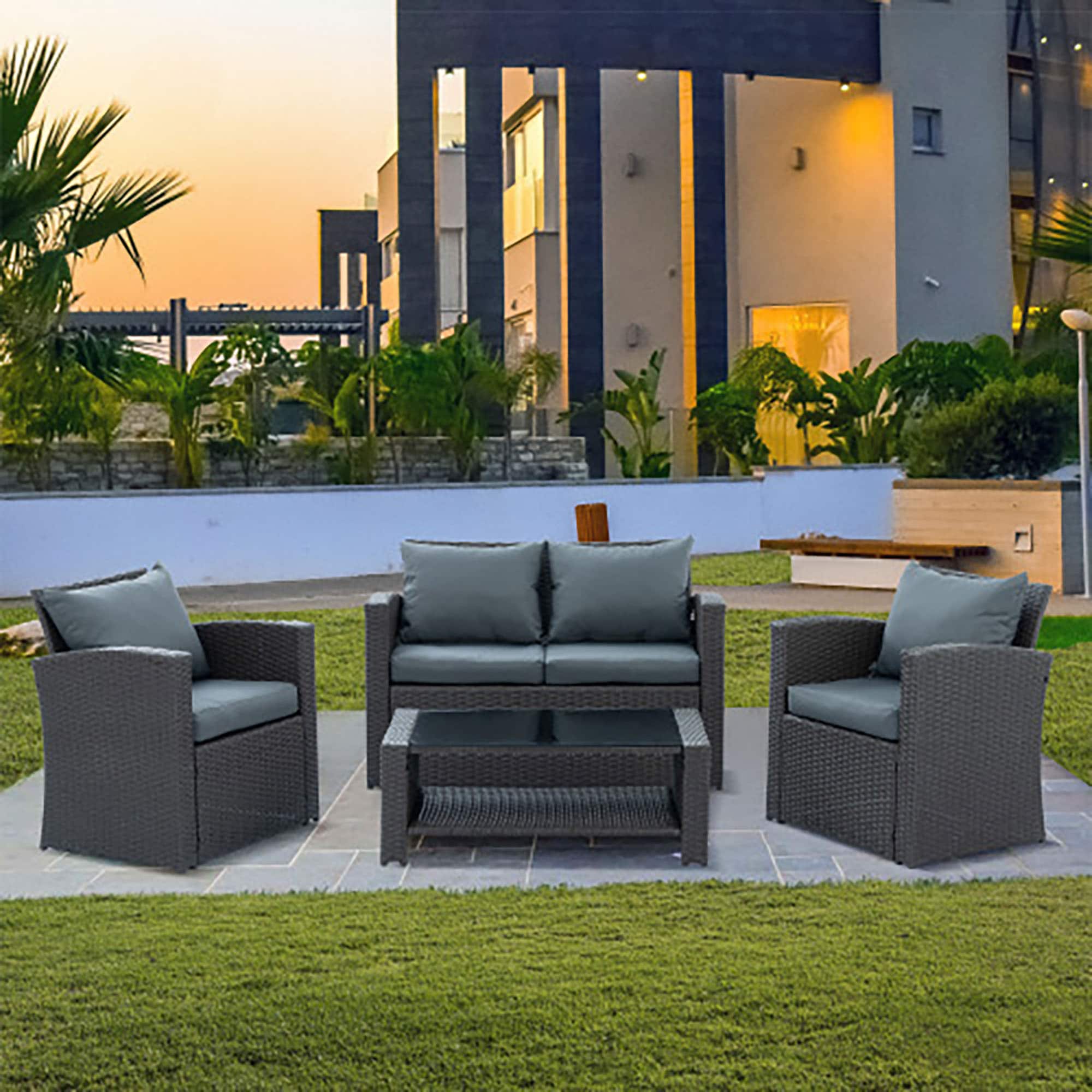 Forclover AL70-07GR 4-Piece Rattan Patio Conversation Set with Gray Cushions