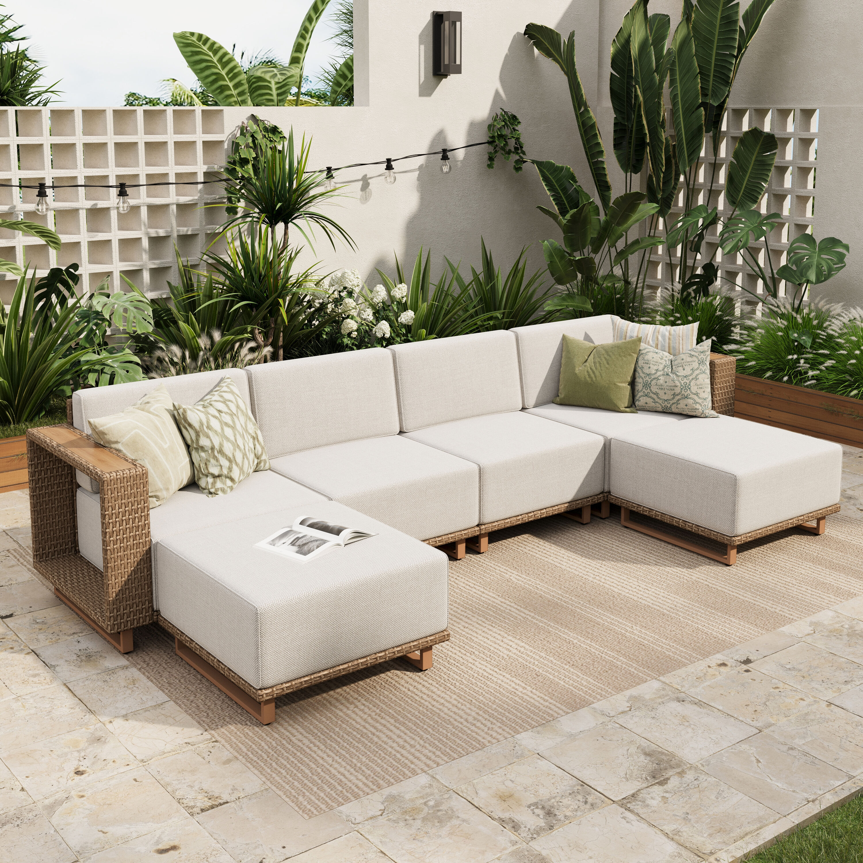 Sunshine Valley CP003-09-5 Patio Conversation Sets 5 -Piece Wicker 2 Patio Sofa Conversation Set with Beige Cushions