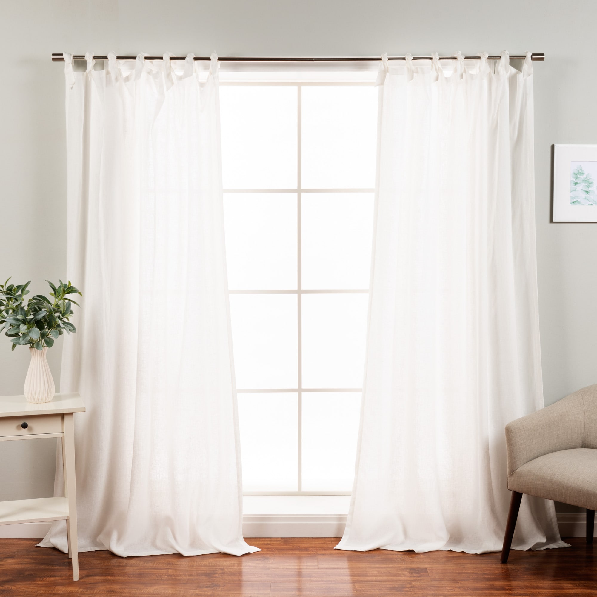 Best Home Fashion YK-02-TIE-LN-96-WHIT 96-Inches White Semi-sheer Top tab Curtain panel pair