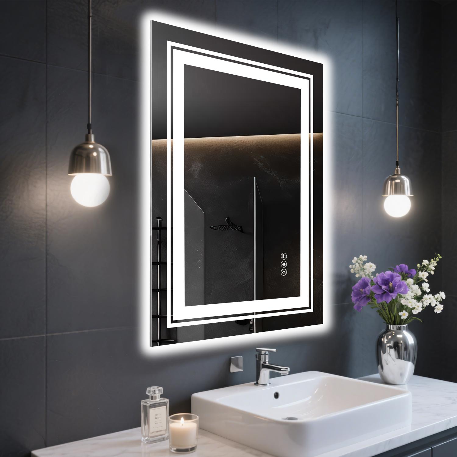 Bayfeve LED Bathroom Mirror 24-in x 32-in Polished Frameless Rectangle Dimmable LED Lighted Fog Free Bathroom Vanity Mirror ( Silver )