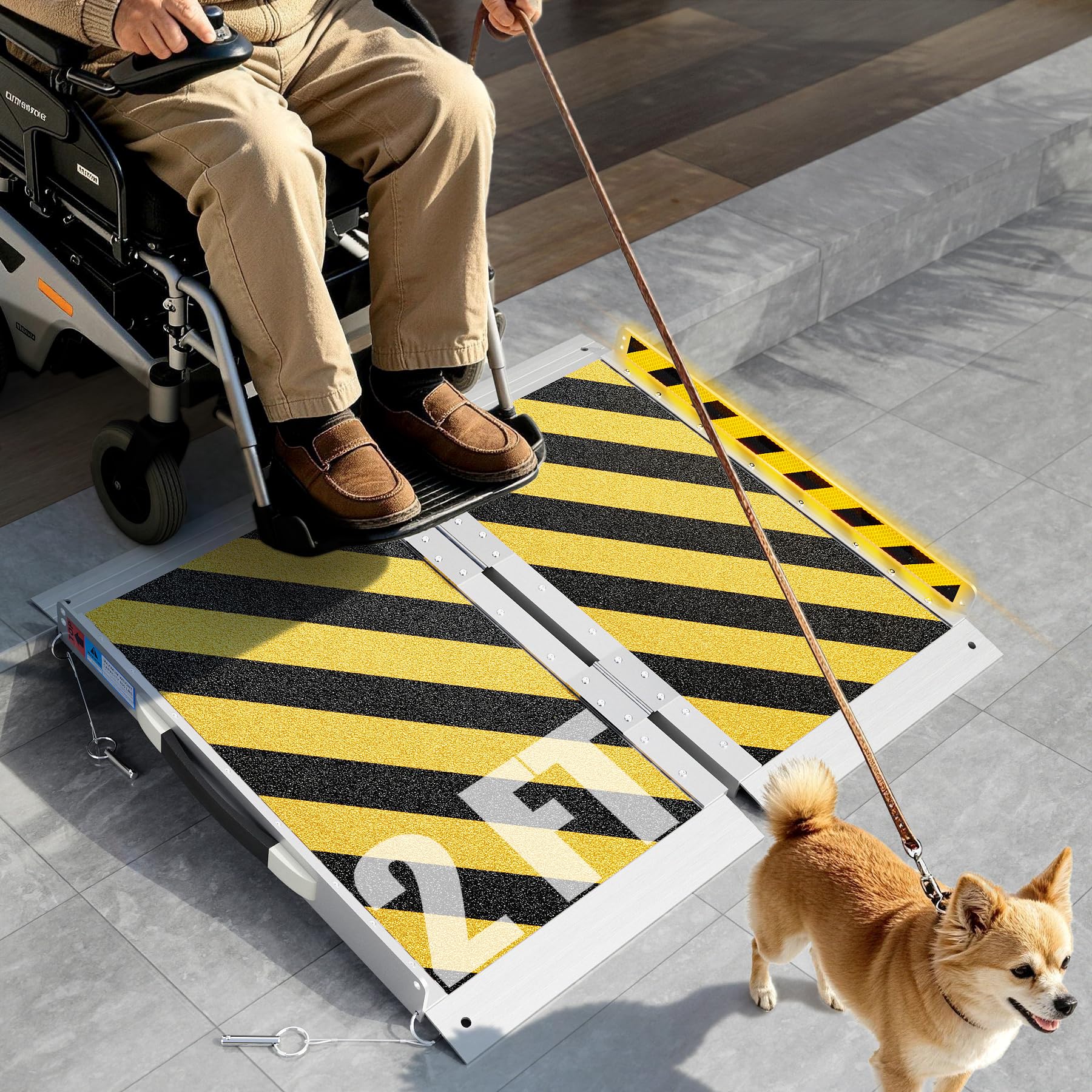 Phyfalip  Portable Wheelchair Ramp 2 FT Aluminum Folding Ramp for Home Doorways Steps with Handle and Non Skid Surface 800 lbs Capacity