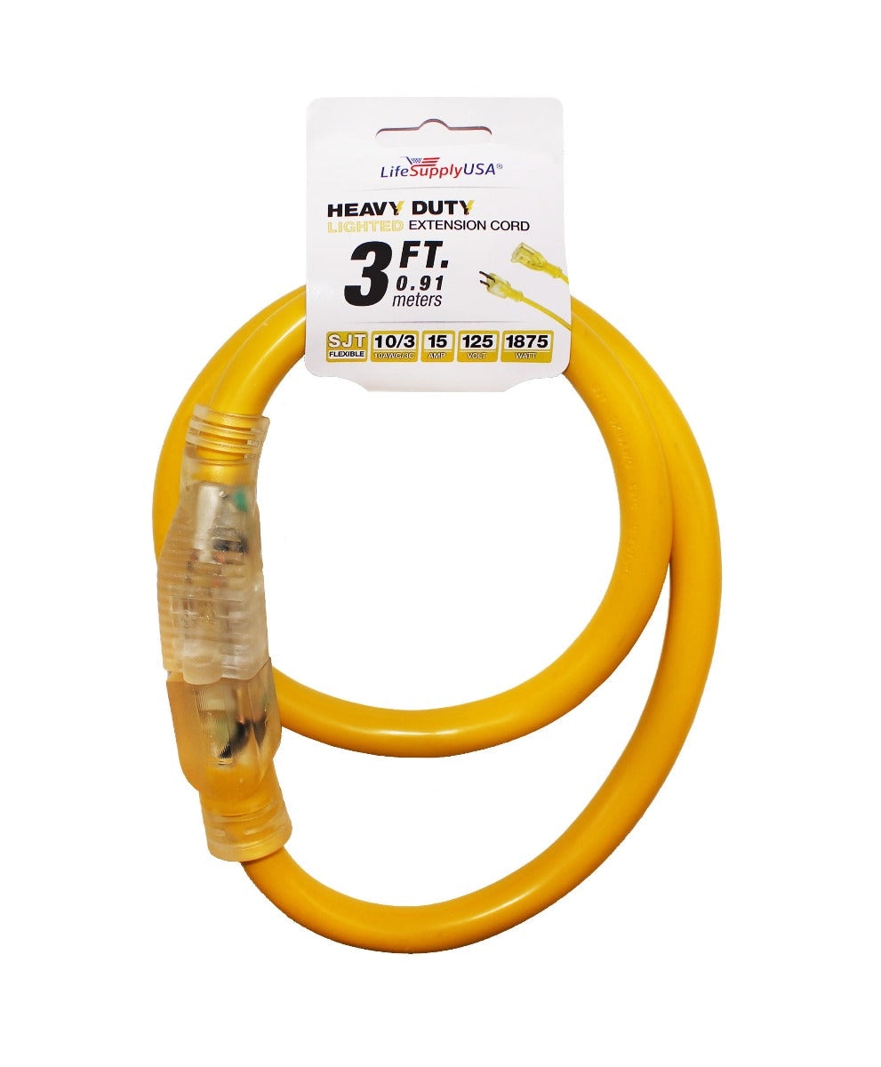 Yellow 10 ft Extension Cord 10/3 SJTW with Lighted end Indoor Outdoor Heavy Duty Extra Durability 15 AMP 125 Volts 1875 Watts by LifeSupplyUSA 