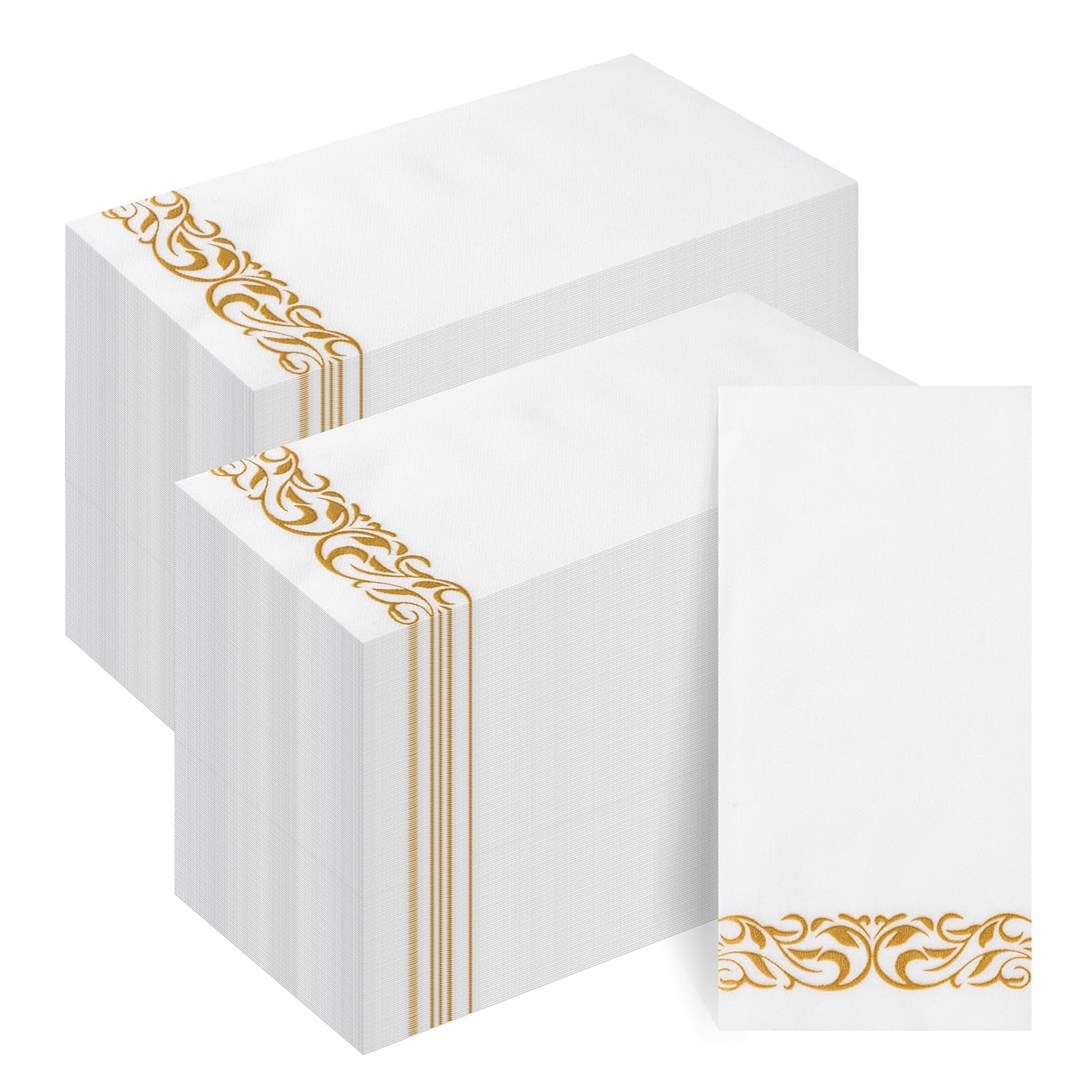 Vrbgify  200 pack Linen Feel Disposable Guest Towels Soft Absorbent Paper Hand Towels White Gold Decorative Napkins for Bathroom Kitchen Parties