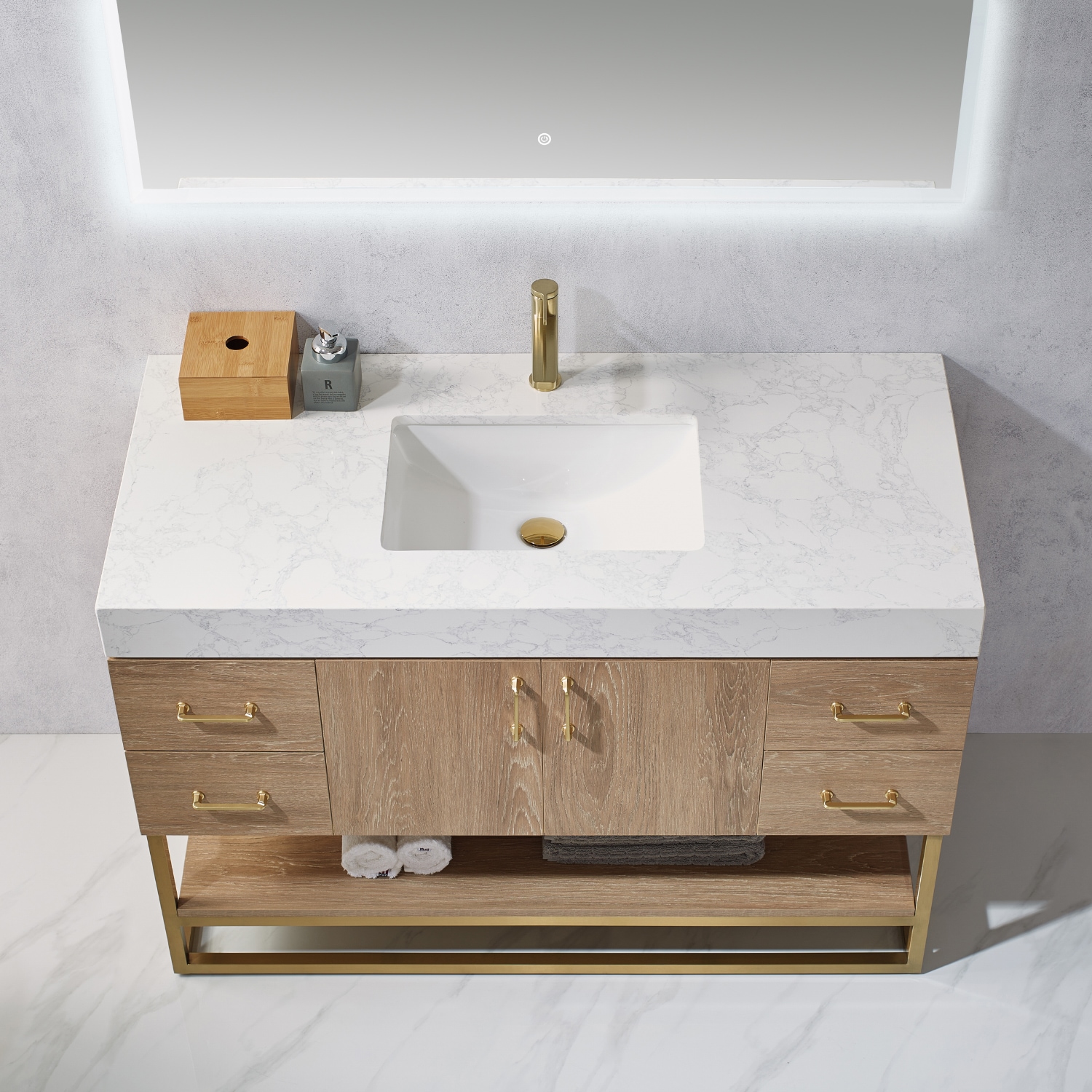 48 Inch Oak Vanity with White Stone Top and Mirror