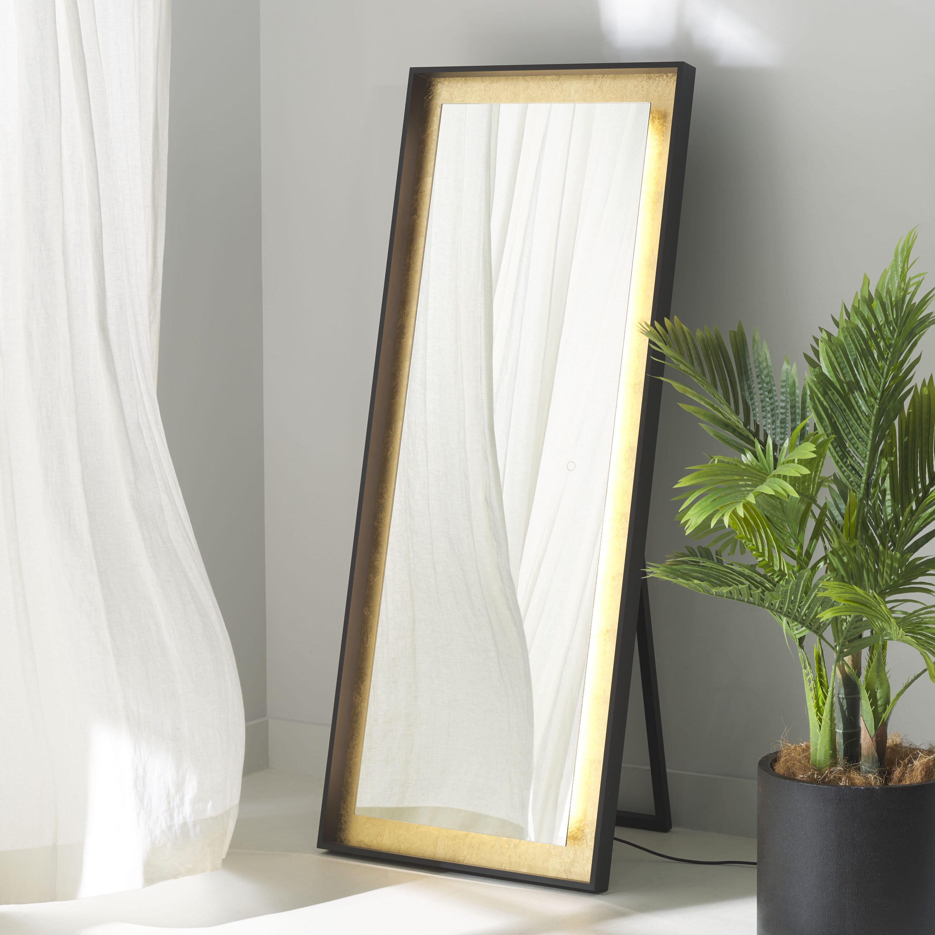 Safavieh LMR1015B Montauk 26 W x 65 H Rectangle Black/Gold Leaf Framed Full Length Lighted Floor Mirror