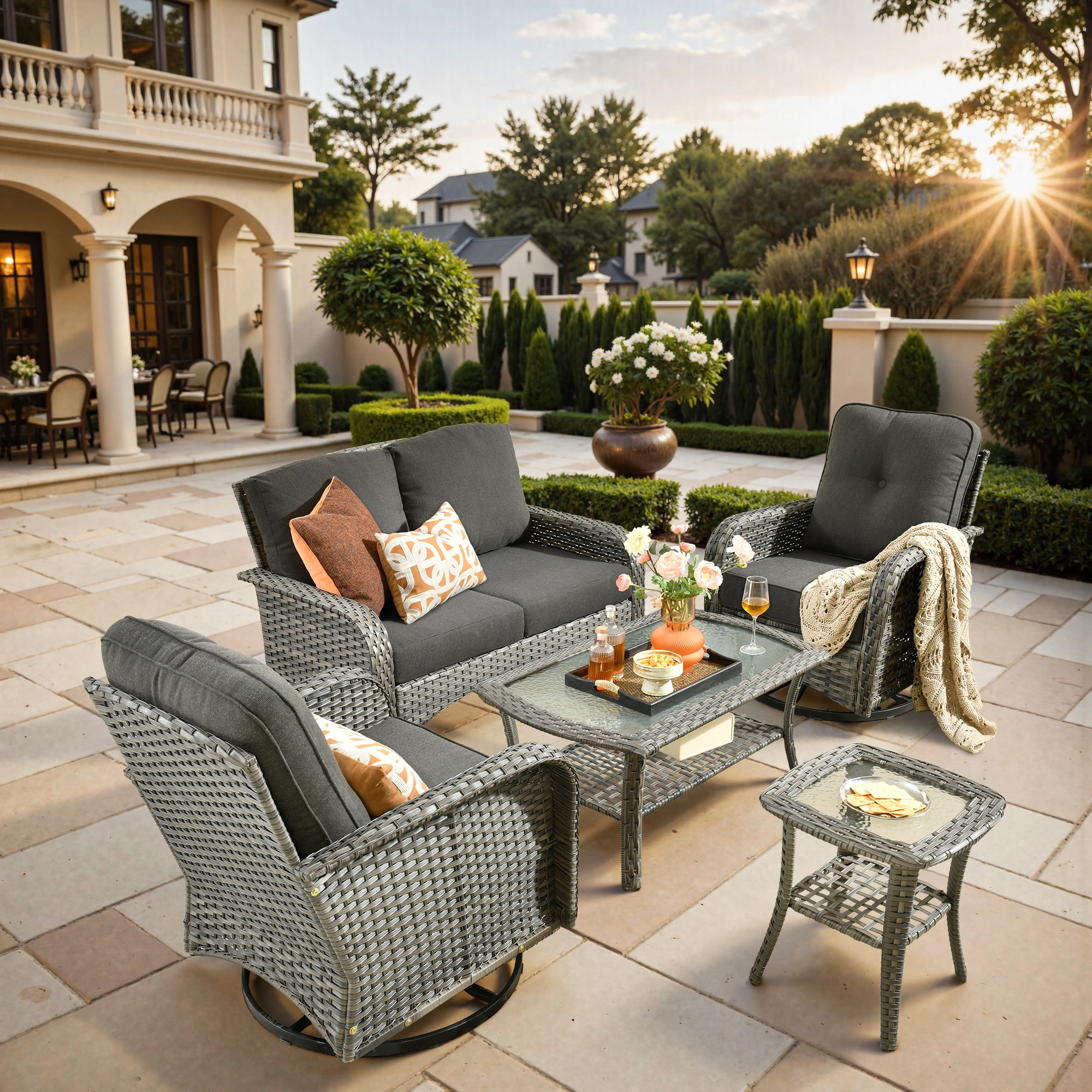 weaxty HMBYZGNCGNDS100S51 Initial 5 -Piece Wicker Patio Conversation Set with Black Cushions