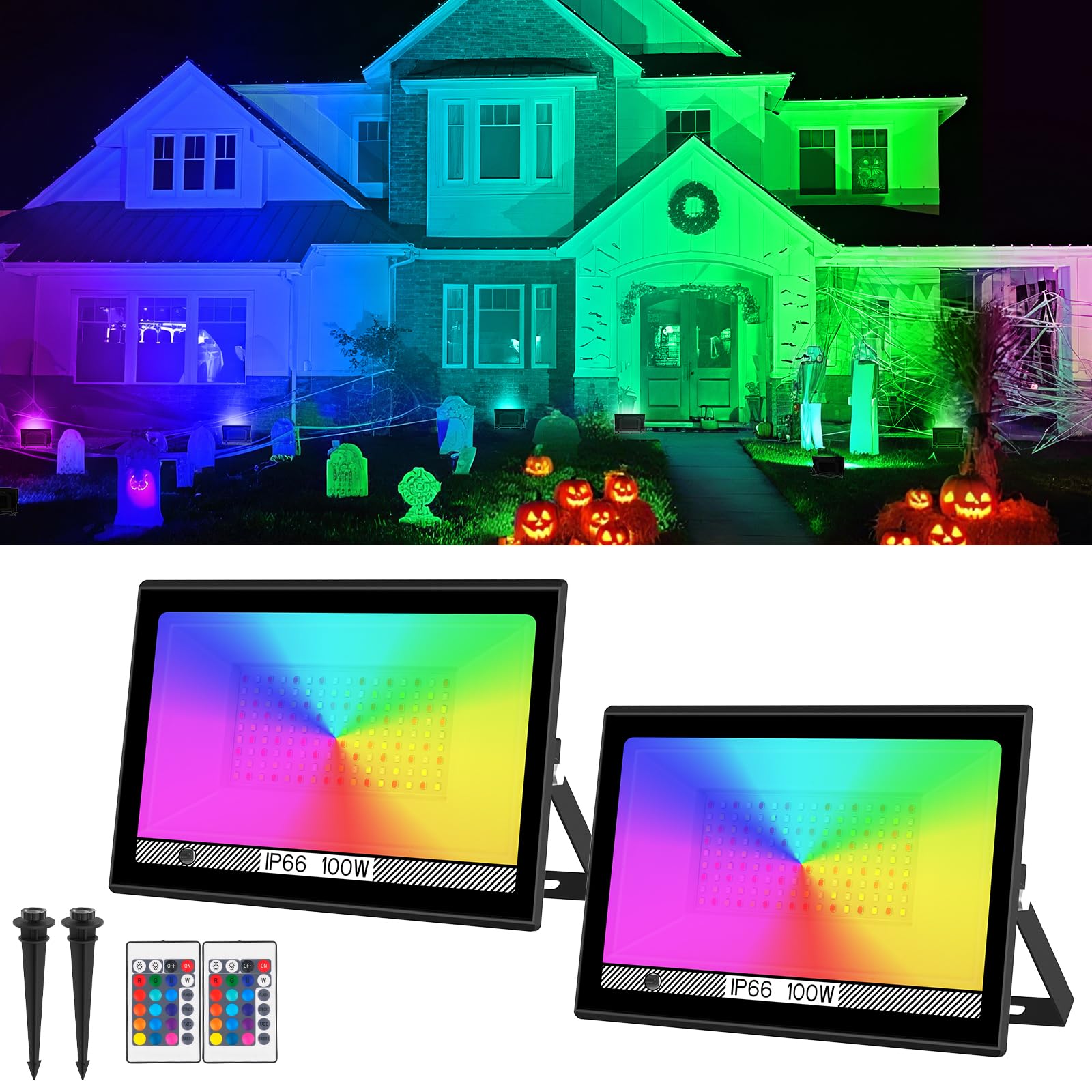 Ahfiwaso  RGB Led Flood Light 100W Outdoor Landscape Light Color Changing Stage Light with Remote IP66 Waterproof durable home and garden