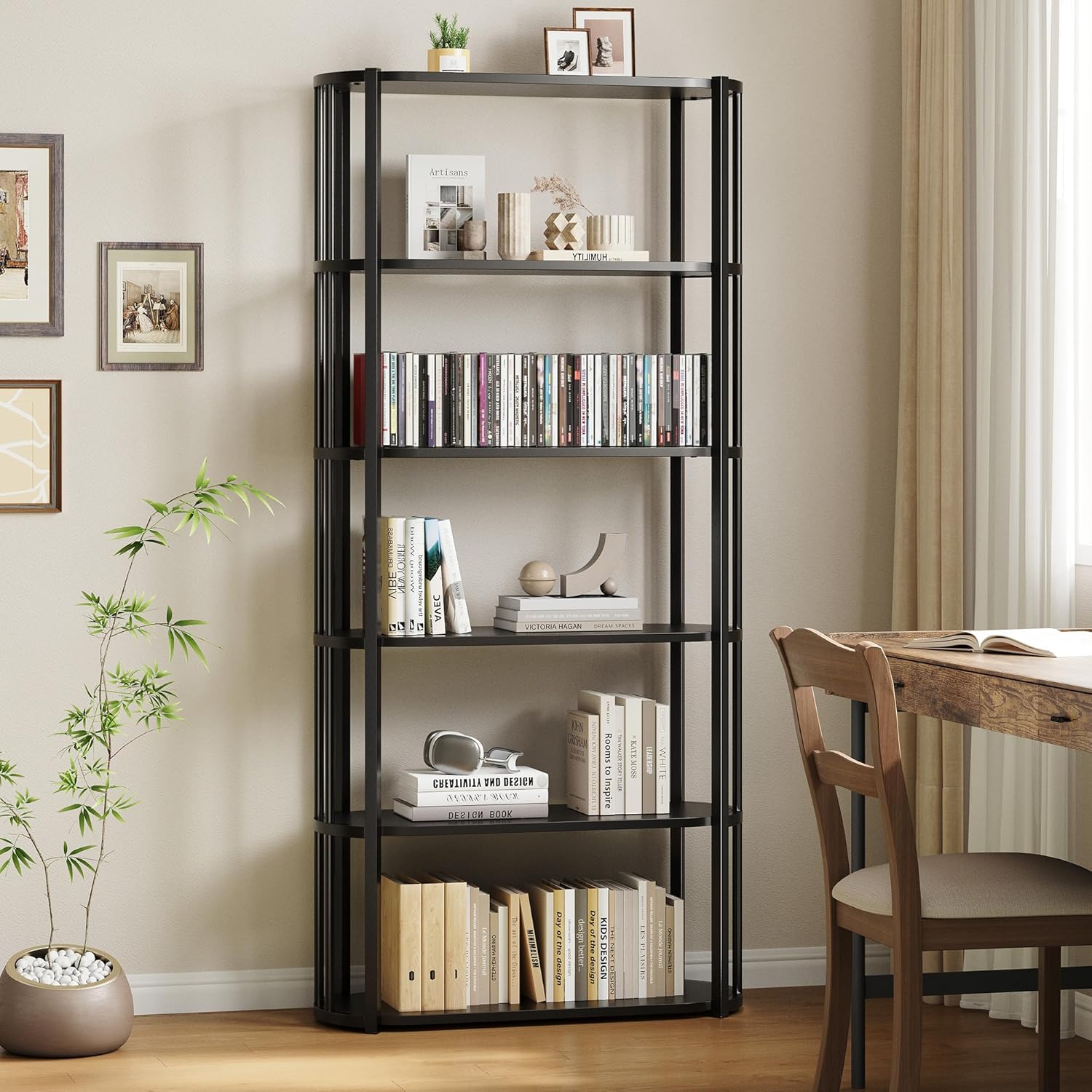 Qeetex YJCJ-PHK-33S95CRY 6 Tier Wooden Bookshelf  71 inch Industrial Tall Bookcase with Metal Frame  Large Open Storage Shelf for Living Room  Bedroom  Office  Black and Black
