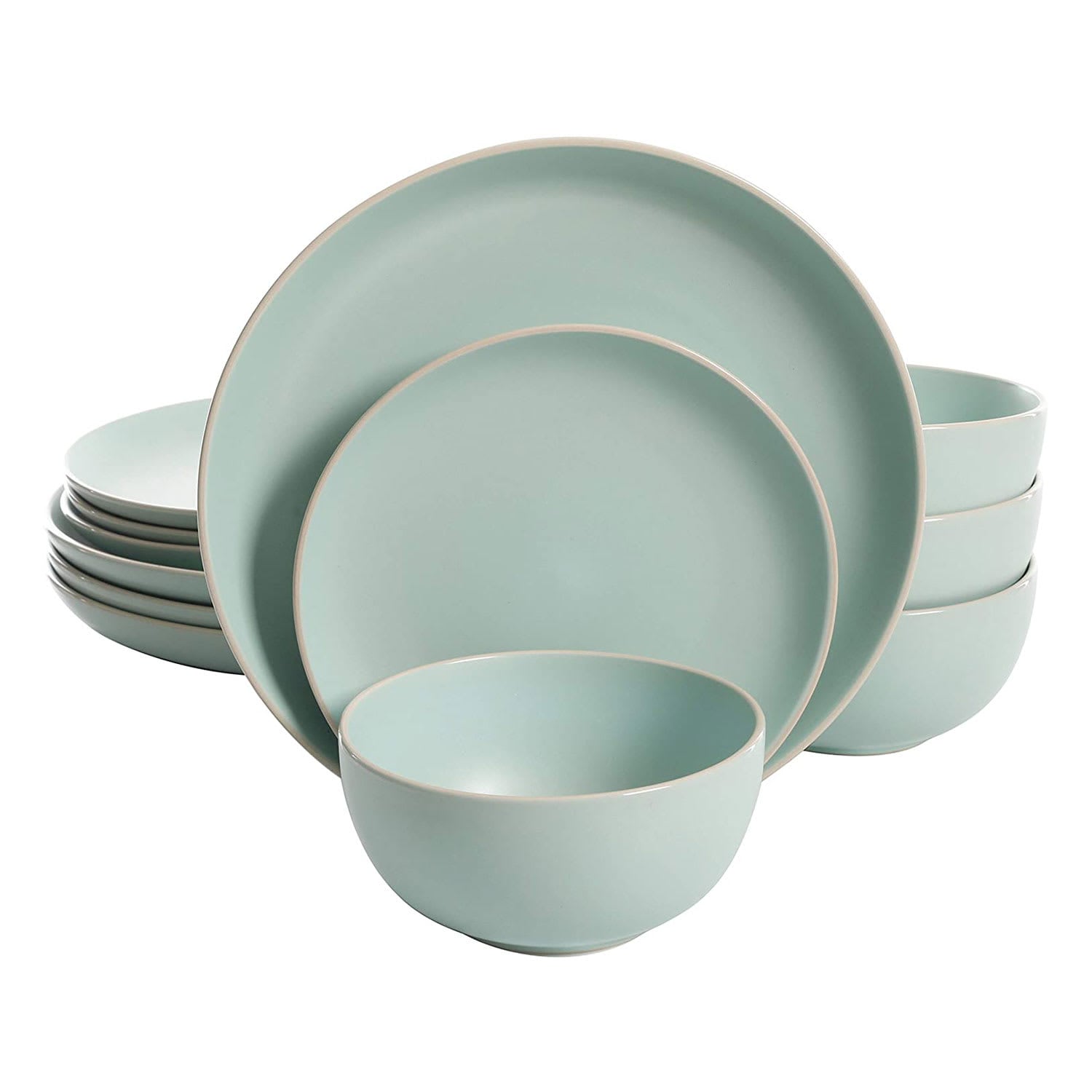 Gibson 244902 Rockaway Coupe 12 Piece Durable Matte Glaze Stoneware Dinnerware Set with Plates and Bowls Microwave and Dishwasher Ready Teal