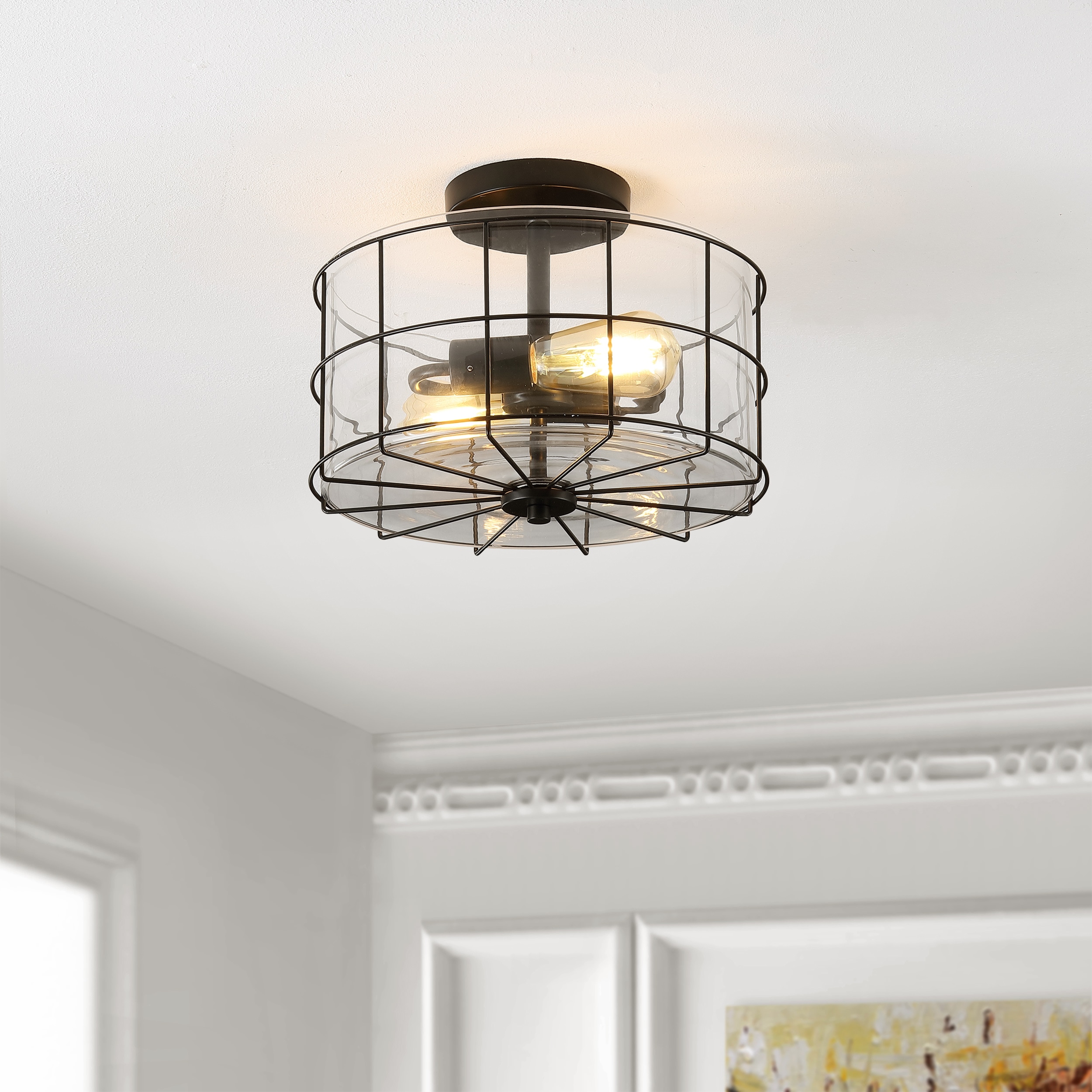 Hannes 12" Matte Black Glass Drum LED Flush Mount