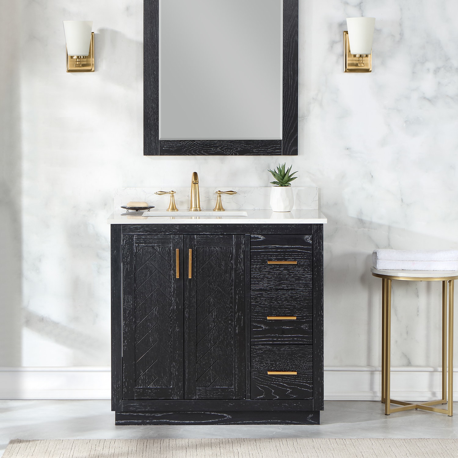 Altair 543036-BO-GW-NM Gazsi 36-in Black Oak Undermount Single sink Bathroom Vanity with Grain White Engineered marble Top