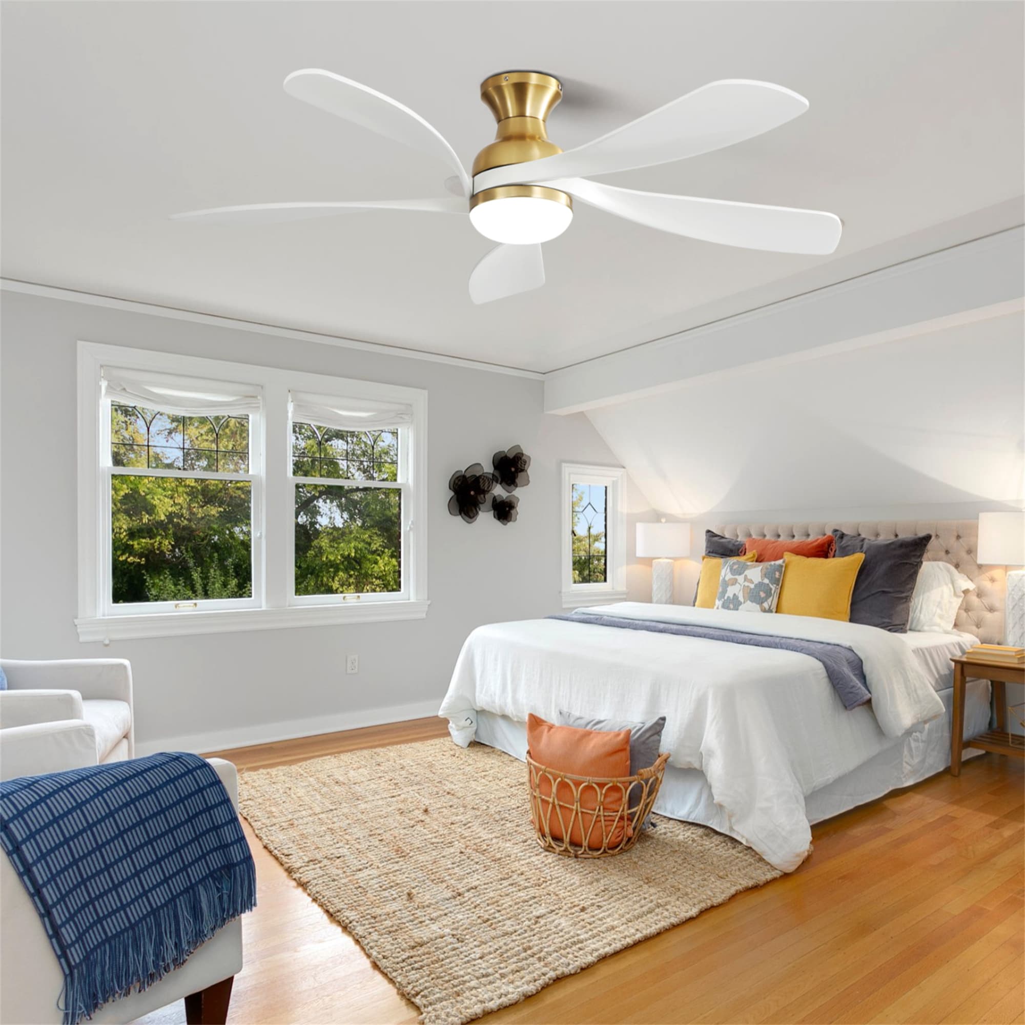 BABOOM BOM-2140944-OR 52-in Color-Changing Integrated LED Flush Mount Smart Gold with White Blades Ceiling Fan With Light - Remote Included ( 5 -Blade )
