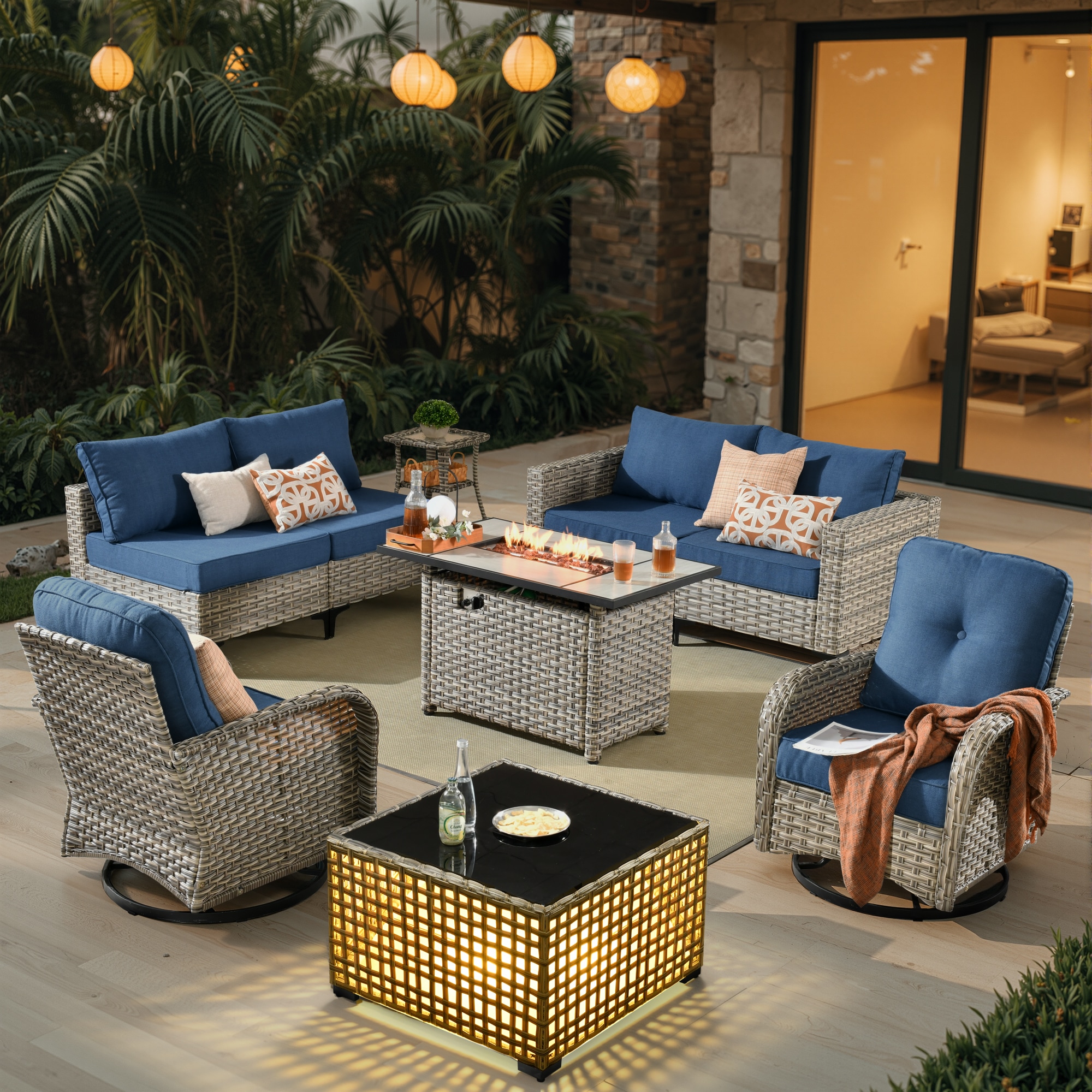 weaxty CFPDSCRRSYZVNC509 9 -Piece Wicker Patio Conversation Set with Blue Cushions