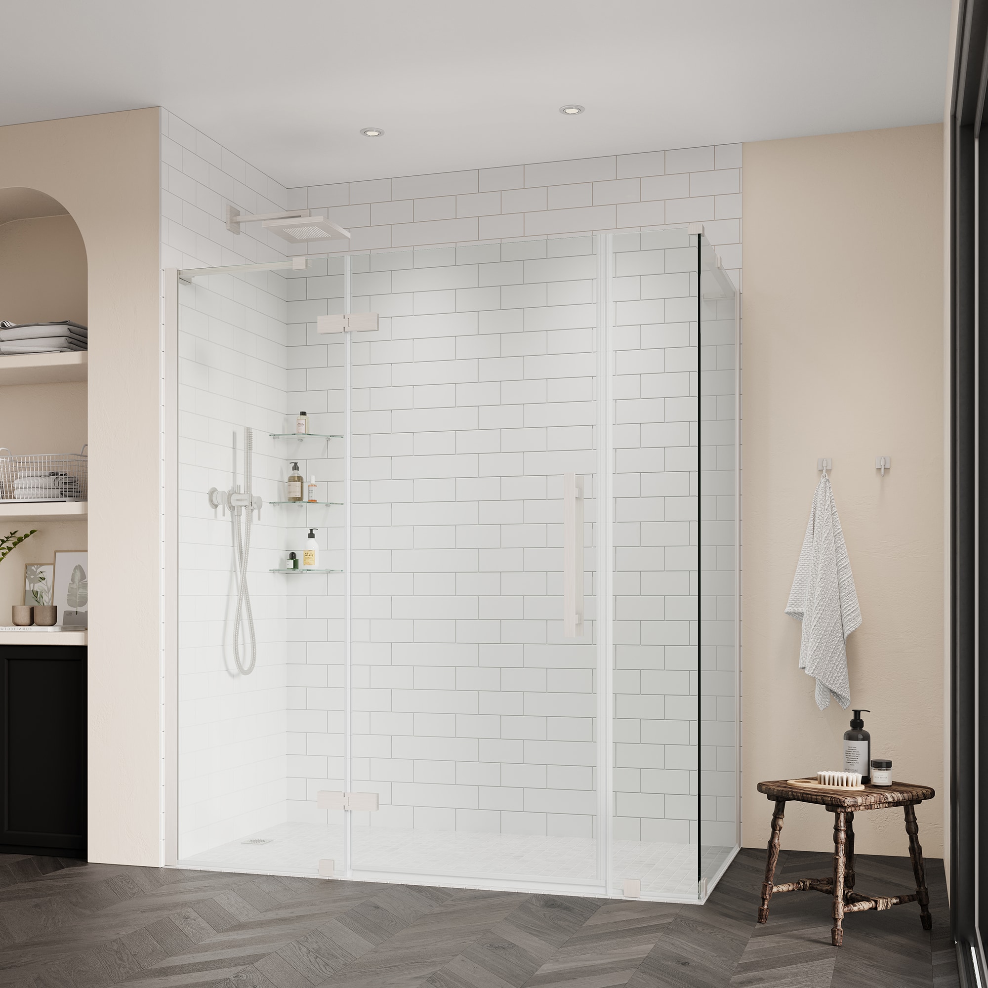 Tampa Nickel Frameless Corner Shower Kit with Glass Panels and Shelves