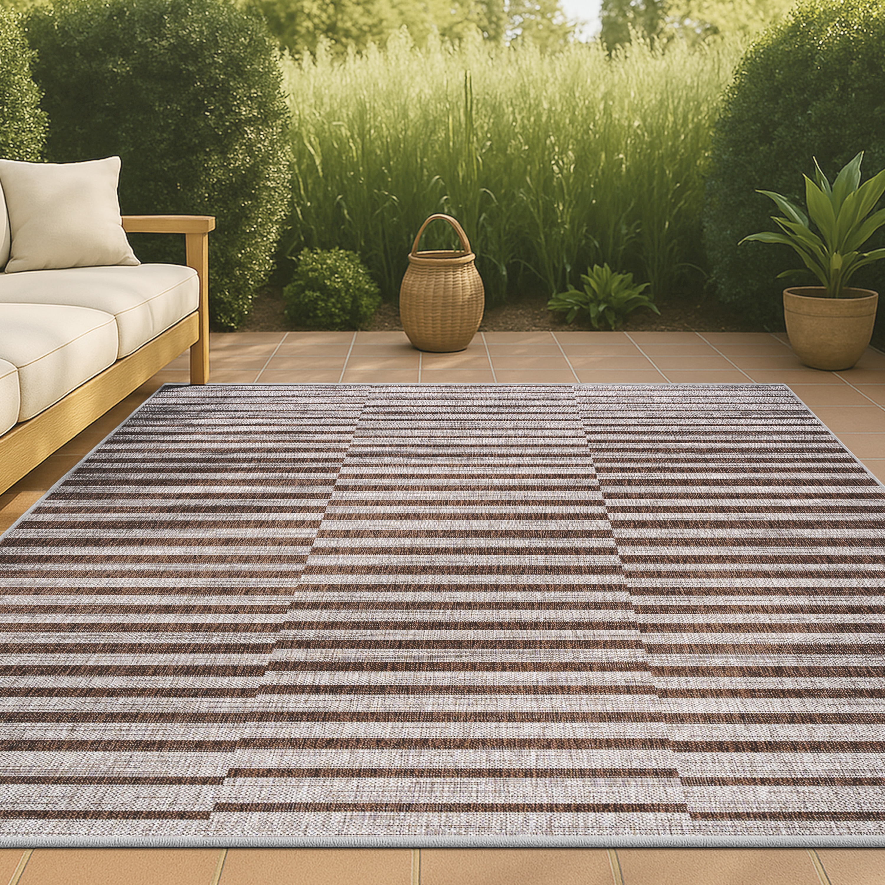 JONATHAN  Y SMB133A-5 Santa Monica Sukie Offset 5 x 8 (ft) Loomed Polypropylene Beige/Brown Rectangular Indoor/Outdoor Stripe Bohemian/Eclectic Area rug
