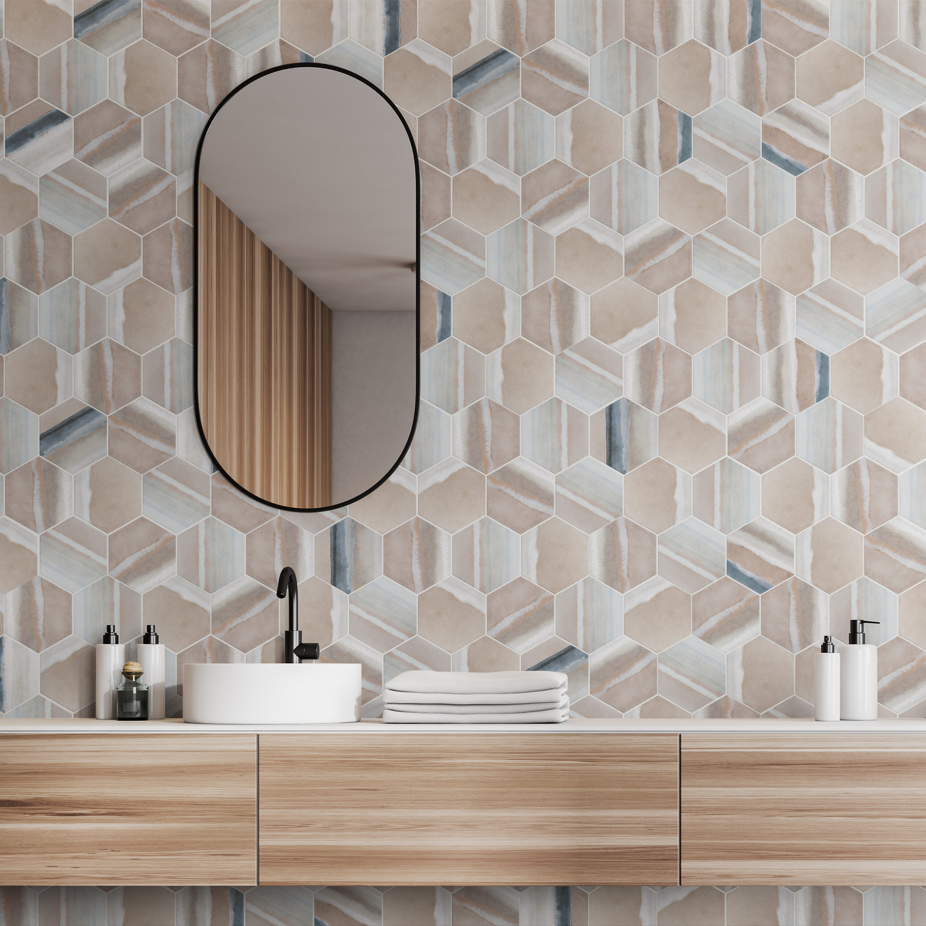 Taupe and Blue Hexagon Porcelain Floor and Wall Tile