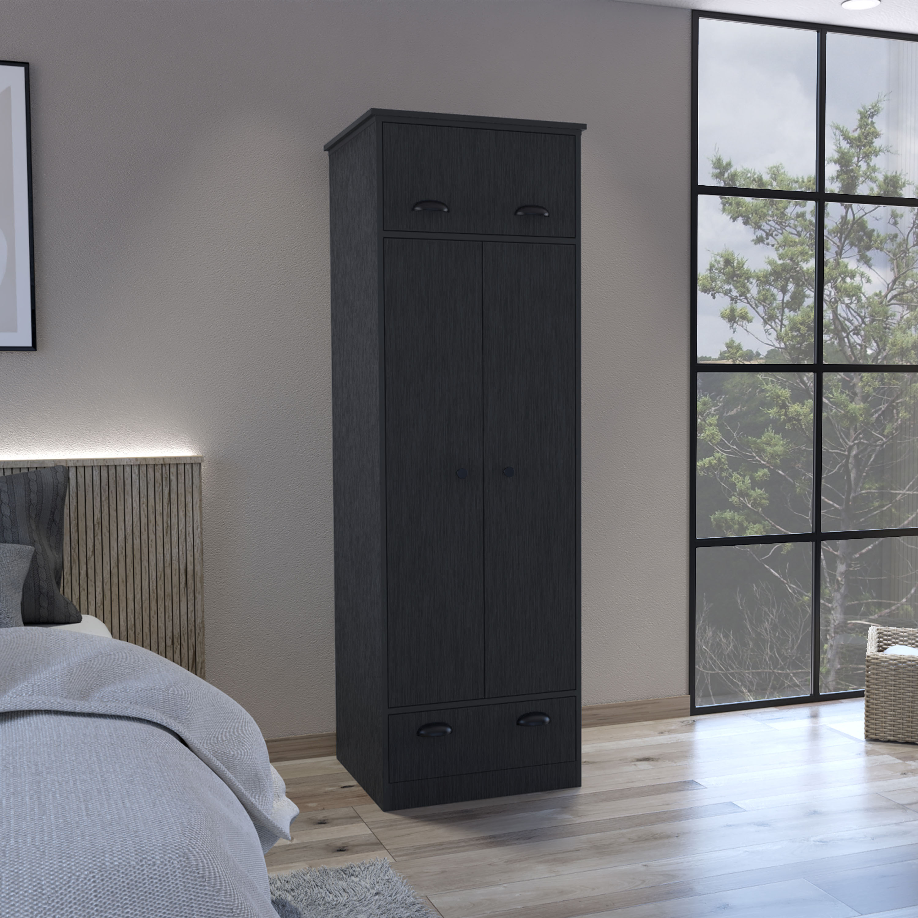 LOVMOR - Black Falkland Armoire 1 Drawer 1 Hinged Drawer Handles