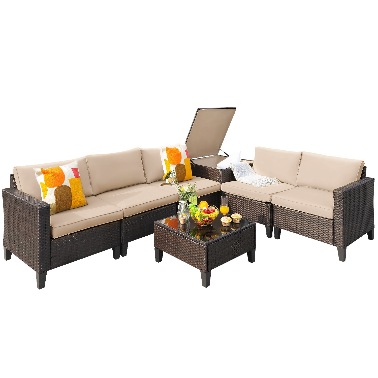 Vineego LS-TBSLJ7BG 7 -Piece Wicker Patio Conversation Set with Off-white Cushions