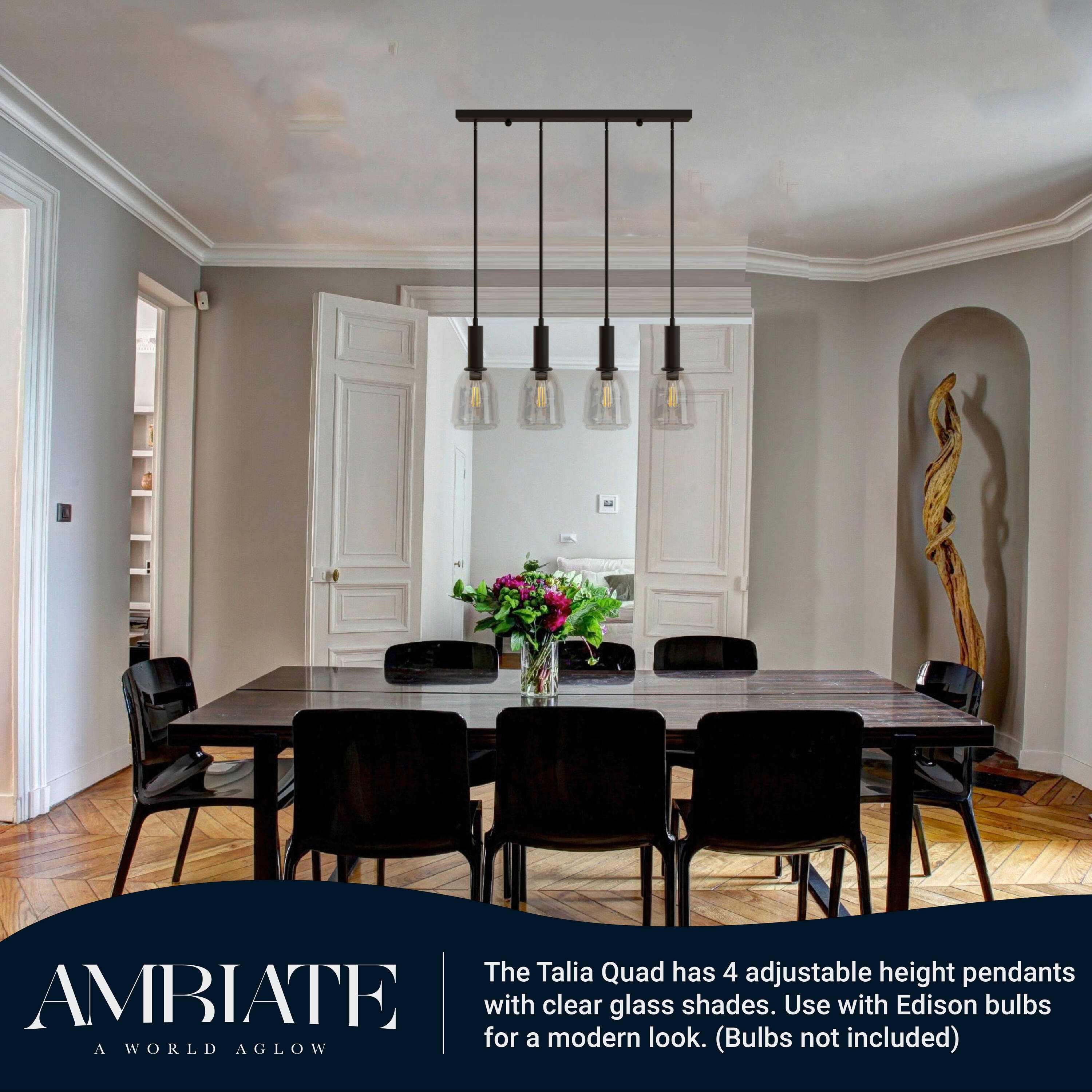 Matte Black Glass 4-Light Linear Pendant Fixture