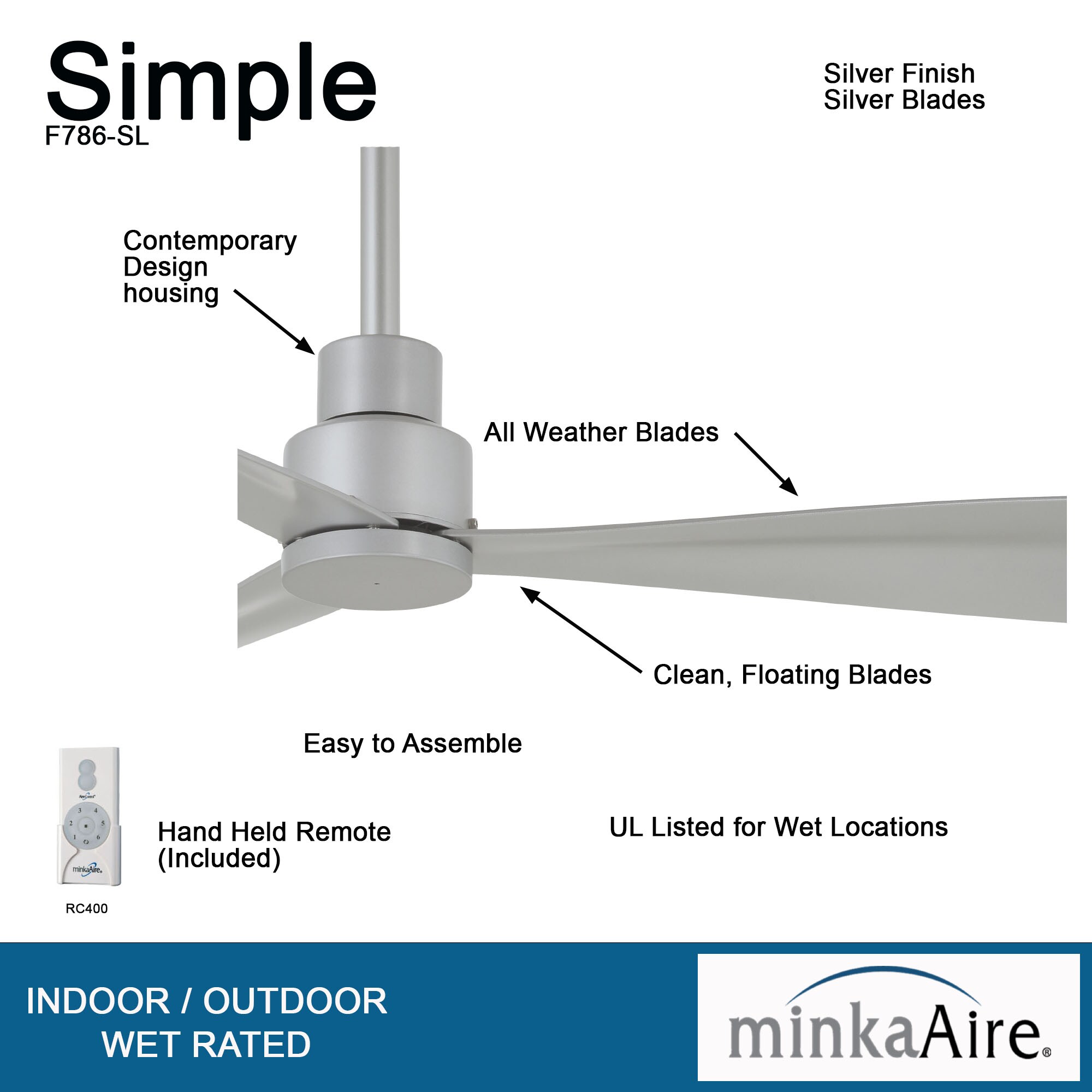 Minka Aire Simple 44in Silver Indoor/Outdoor Ceiling Fan and Remote (3