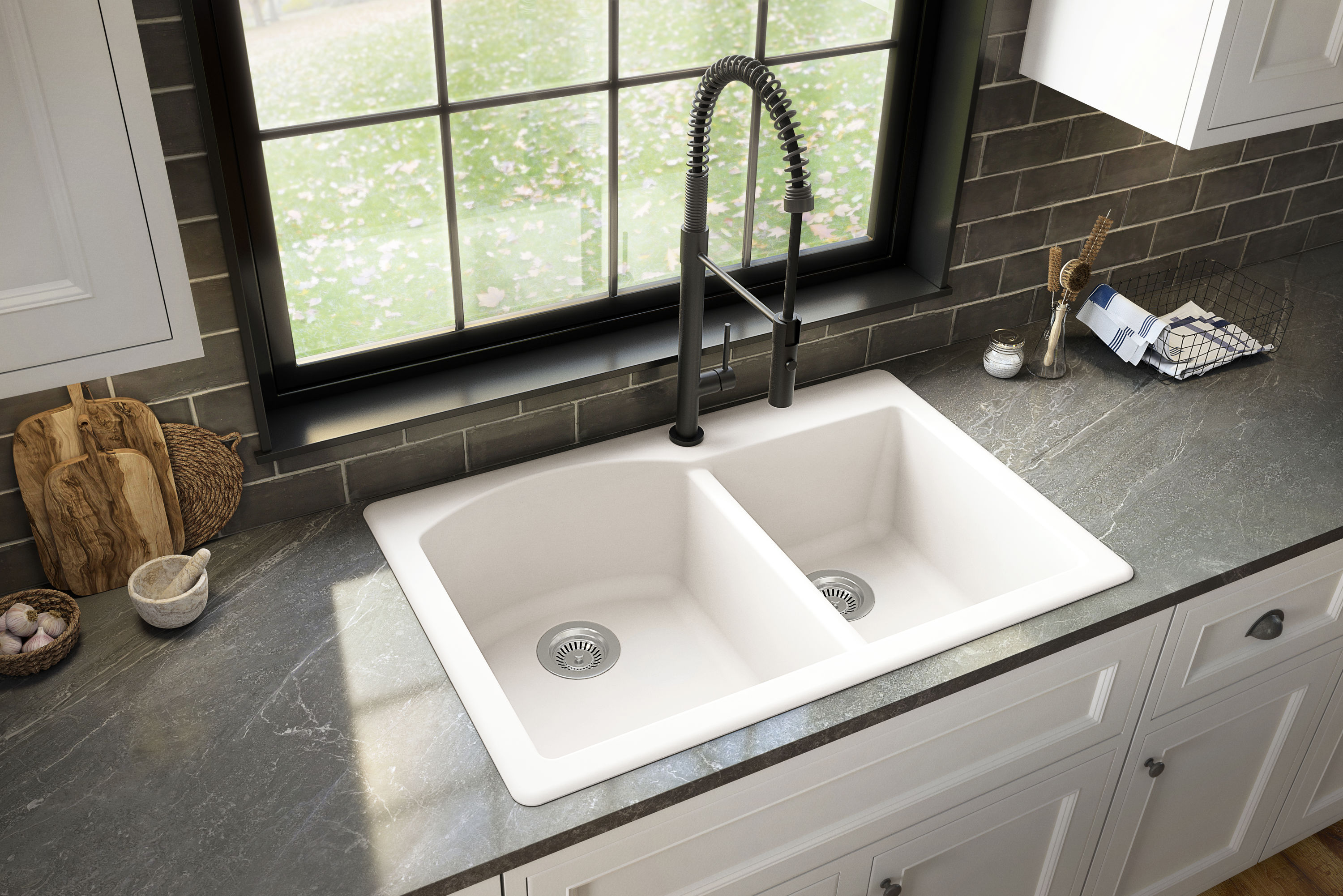 Karran QT-610-WH Drop-in 33.0-in x 22.0-in Quartz Double offset bowl 1-Hole Kitchen Sink