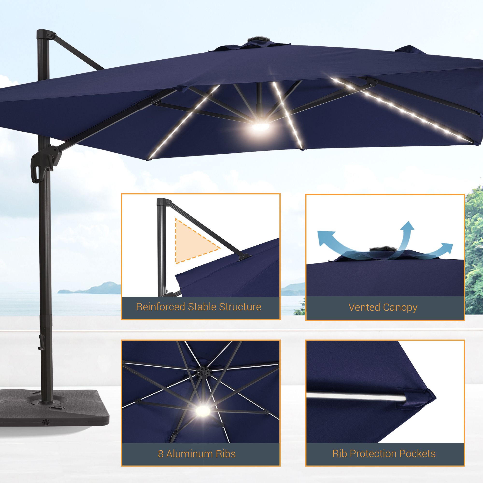 Sonkuki 10-ft Aluminum Square No-tilt Cantilever Patio Umbrella with ...