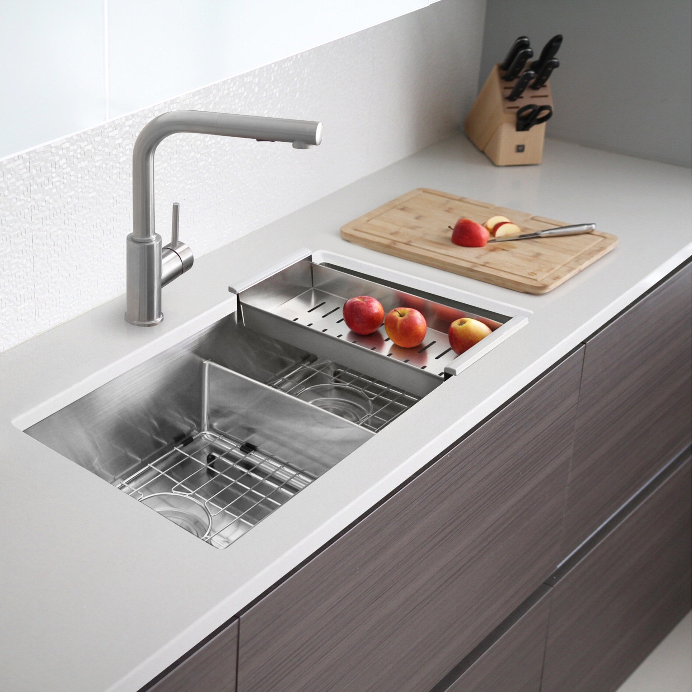 Stylish Clever Undermount 25 in x 25 in Brushed Satin Double Offset Bowl  Kitchen Sink