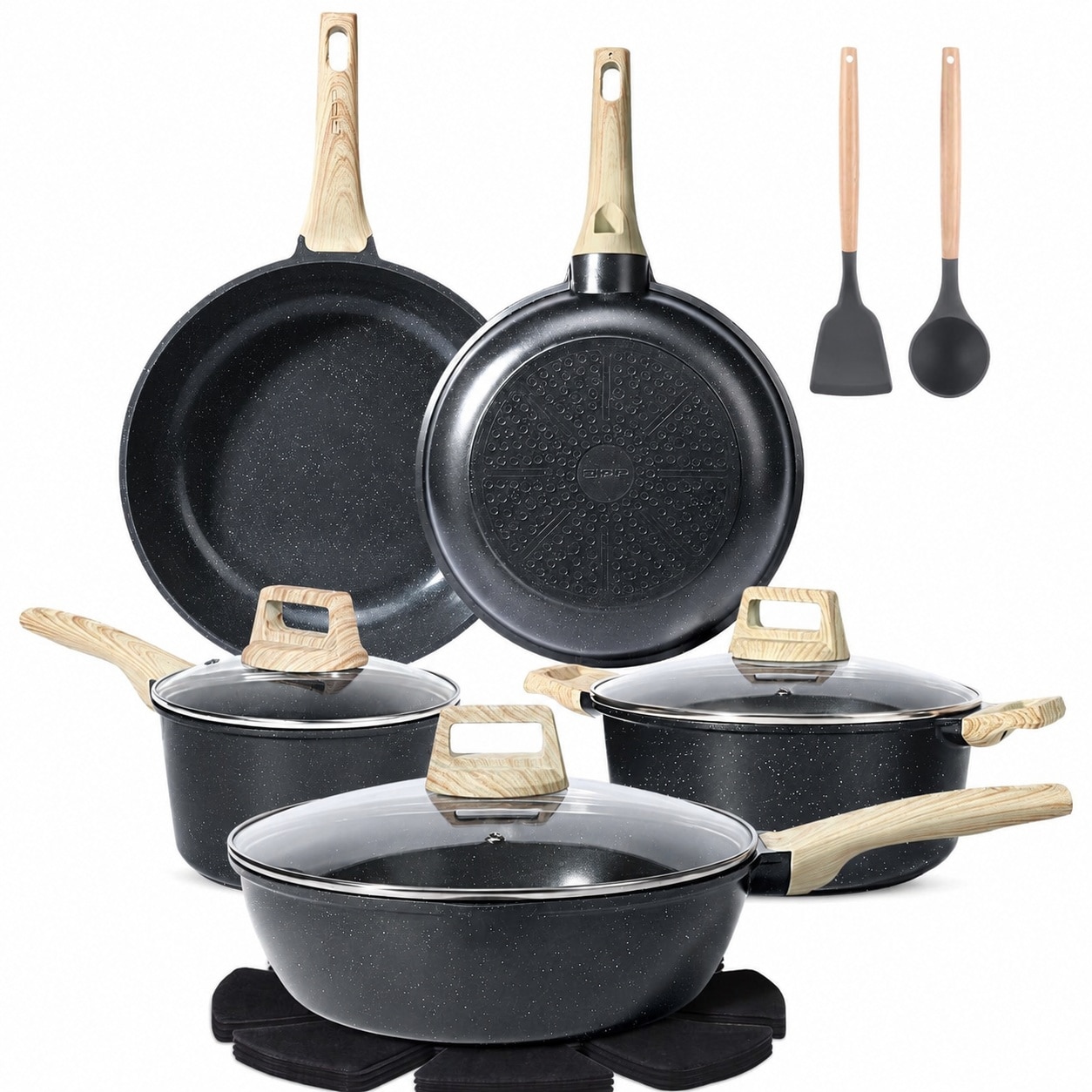 DHMHD Pots and Pans Set Non Stick 10 Pieces White Granite Kitchen Cookware Set with Frying Pans Saucepans and Silicone Utensils PFOS PFOA Free #LDH0817X472