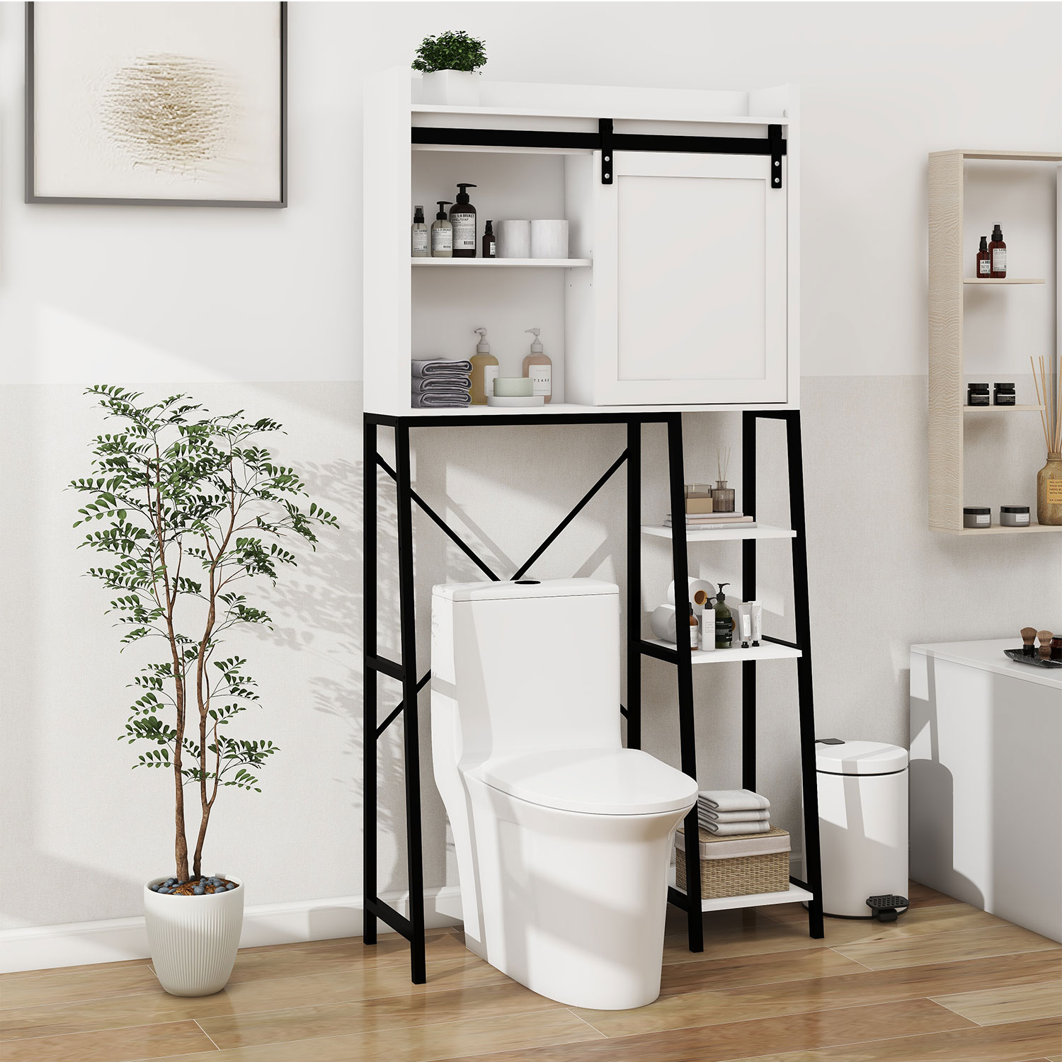 KTMBDW Over The Toilet Storage Cabinet Farmhouse Storage Cabinet Over Toilet with Sliding Door for Bathroom Restroom Laundry - White #W282138090