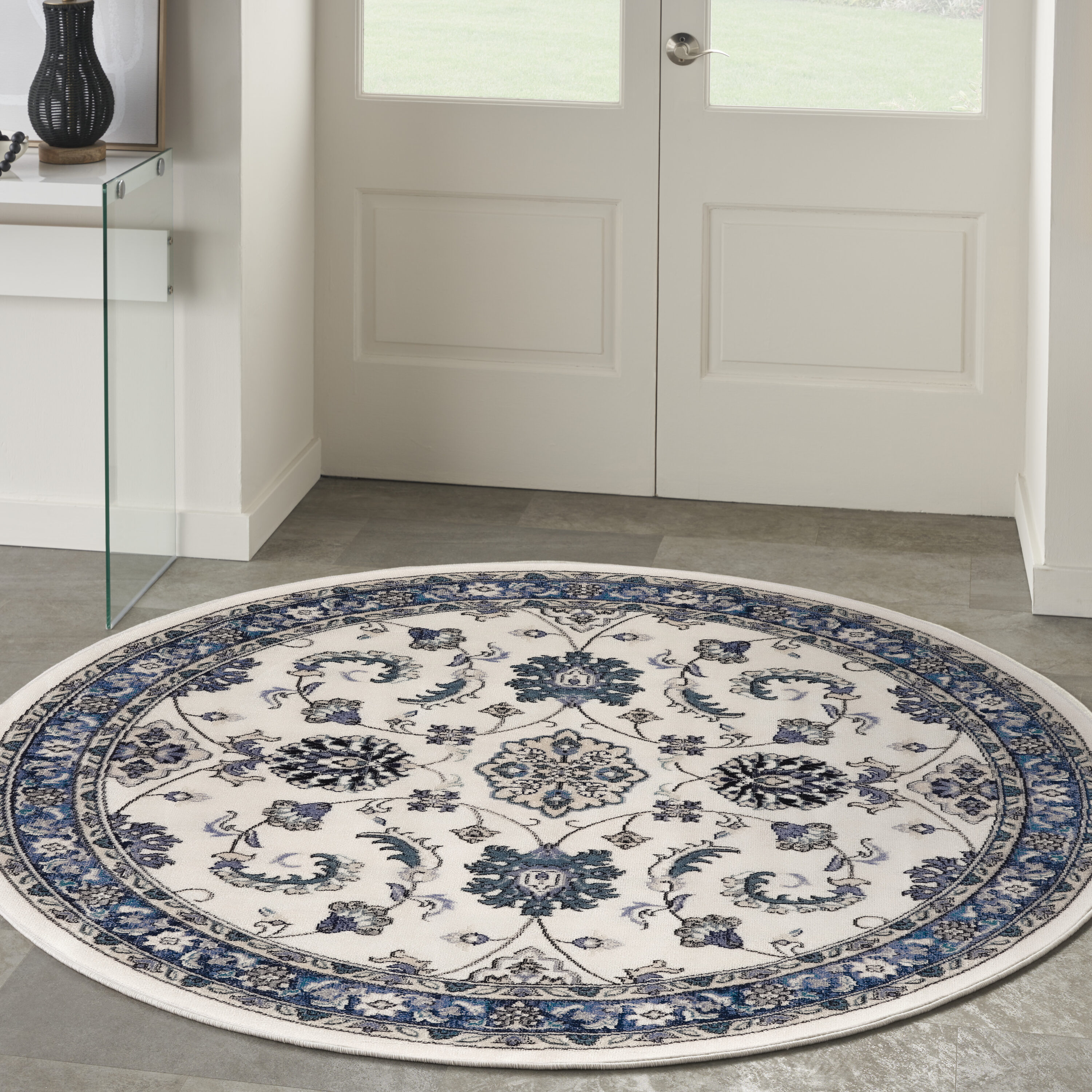 Nourison Home 099446998514 Essentials 8 x 8 (ft) Loomed Polypropylene Ivory Blue Round Indoor/Outdoor Medallion Area rug