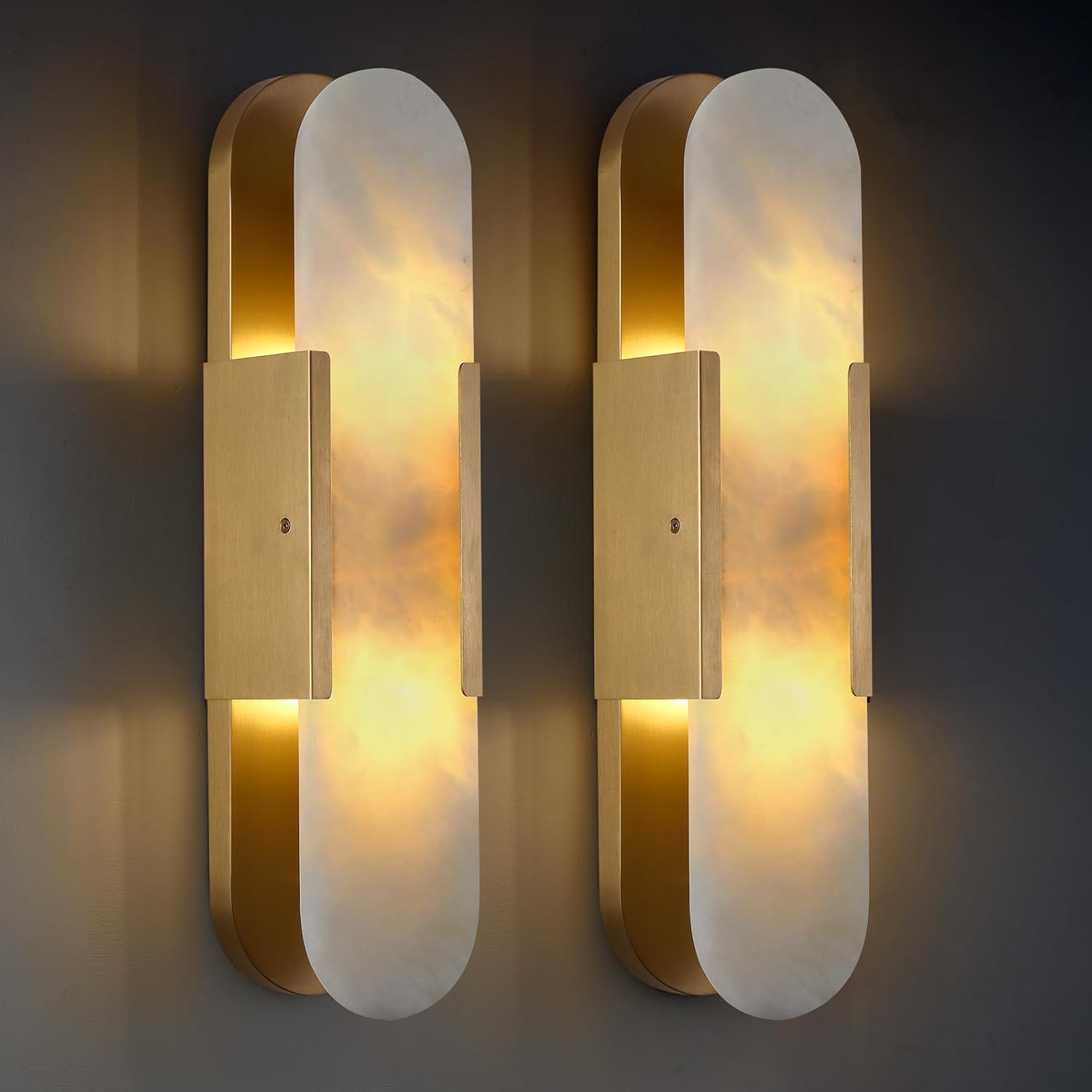 Mektix 19.7 in. Brass Alabaster Wall Sconces Set of 2 with Natural Marble Shades and G9 Bulbs