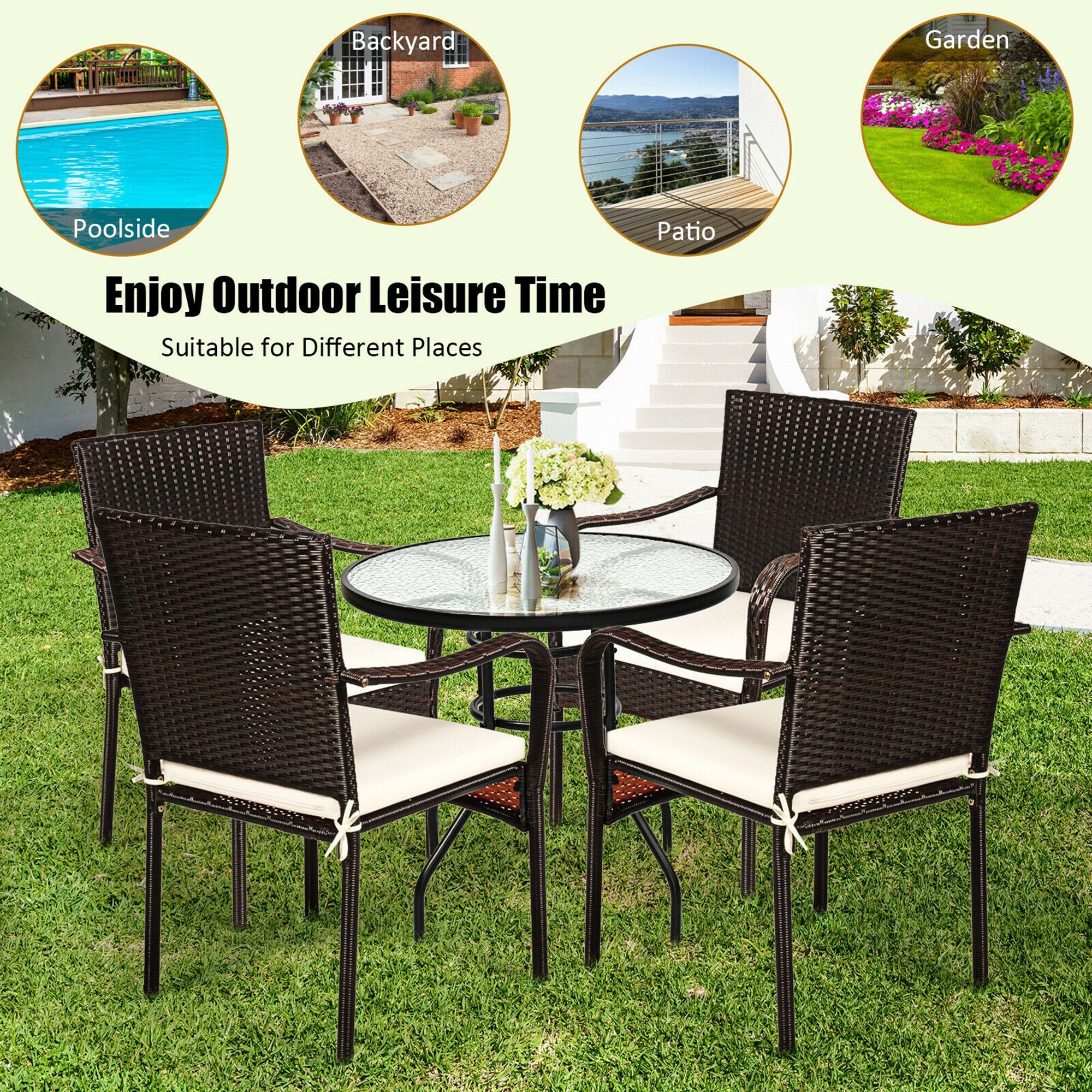 Set of 4 Brown Rattan Dining Chairs with Off-White Cushions