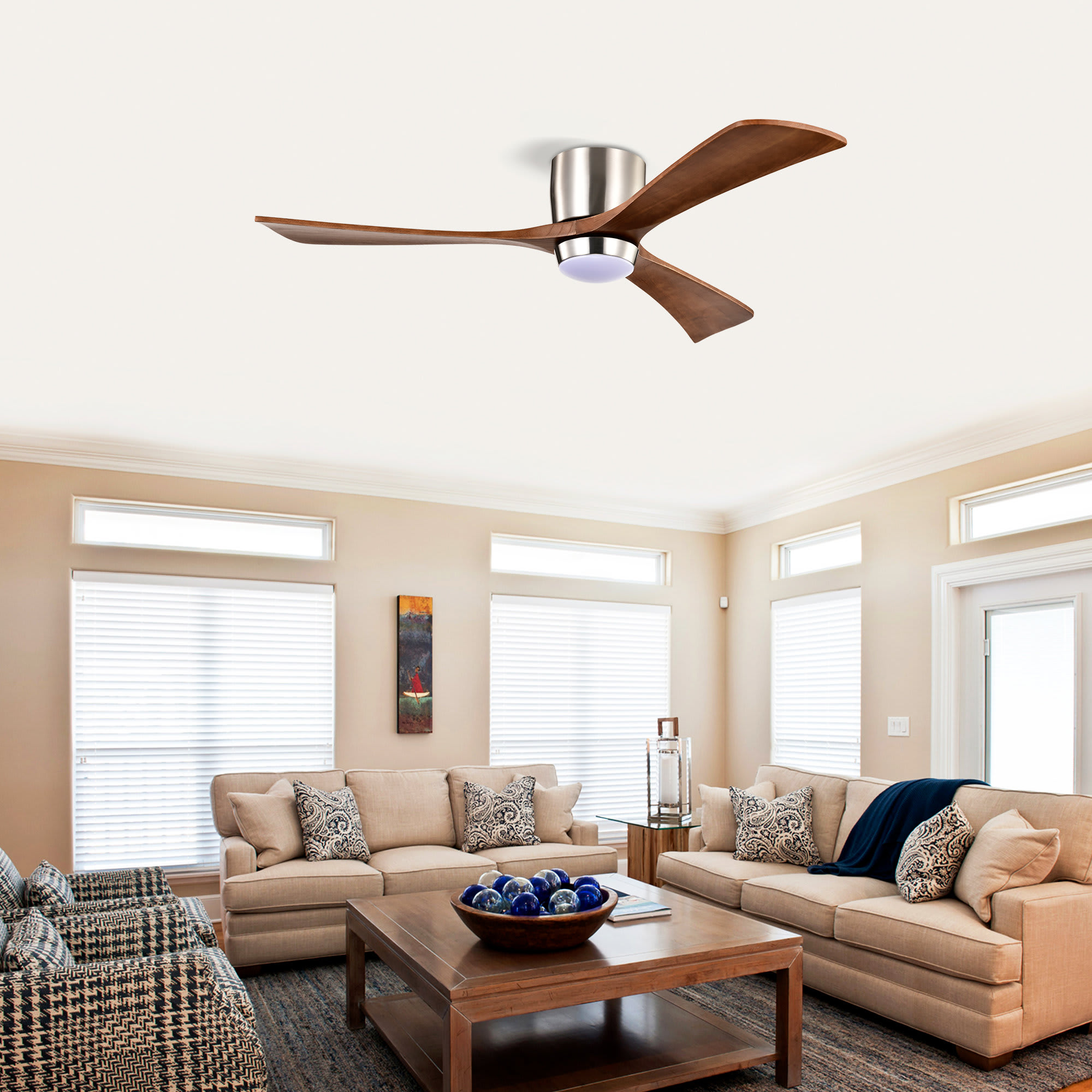 Aoibox  52 Inch Flush Mount Ceiling Fan with Solid Wood Blades Integrated LED Light Remote Control 6 Speed Quiet Reversible DC Motor Indoor