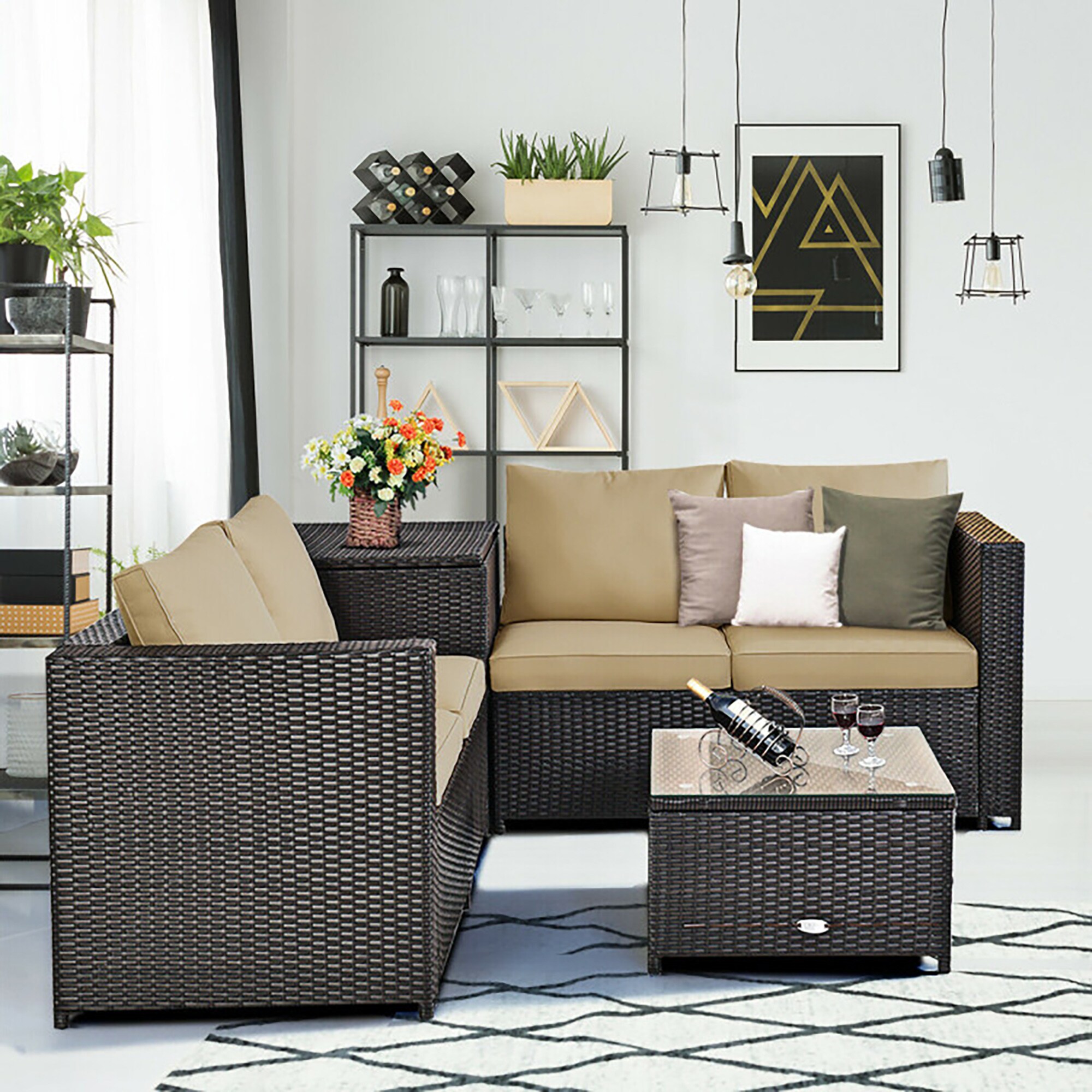 Brown 4-Piece Rattan Wicker Outdoor Patio Set with Cushions