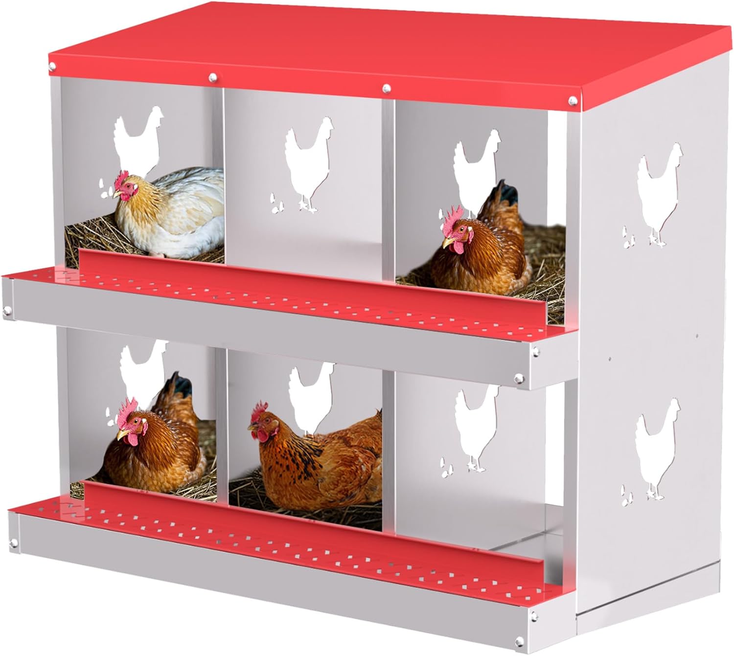 Qeetex GGL-PHO-348SAPGG 6-Hole Red Chicken Nesting Box  Chicken Nesting Box with Legs  Metal Chickens Laying Boxes with Perch  Metal Roll Away Eggs Laying Boxes  Versatile Wall Mount for Chickens