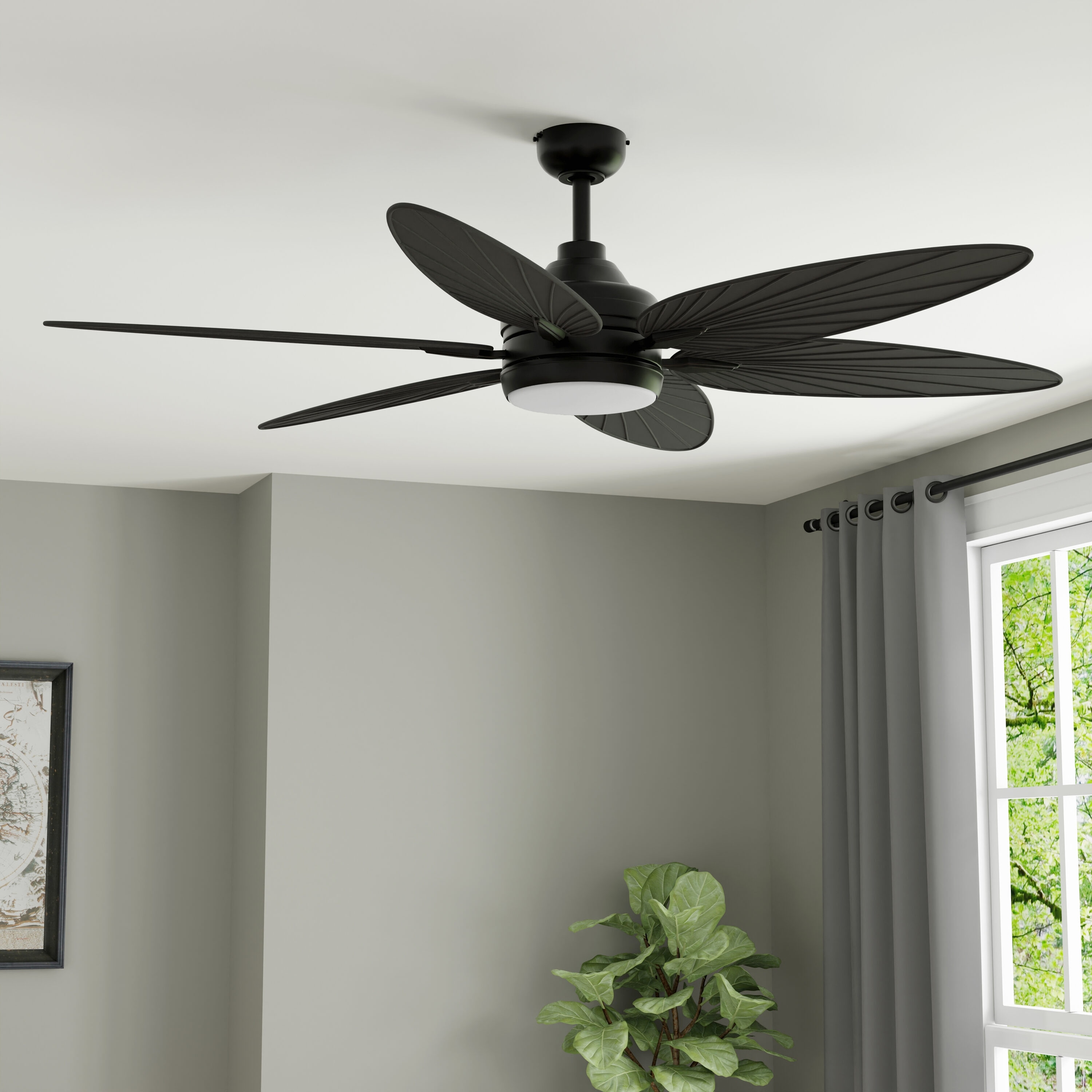Harbor Breeze KIA60MBK6LR Kiawah 60-in Color-Changing Integrated LED Outdoor Downrod or Flush Mount Matte Black with Matte Black Blades Ceiling Fan With Light - Remote Included ( 6 -Blade )