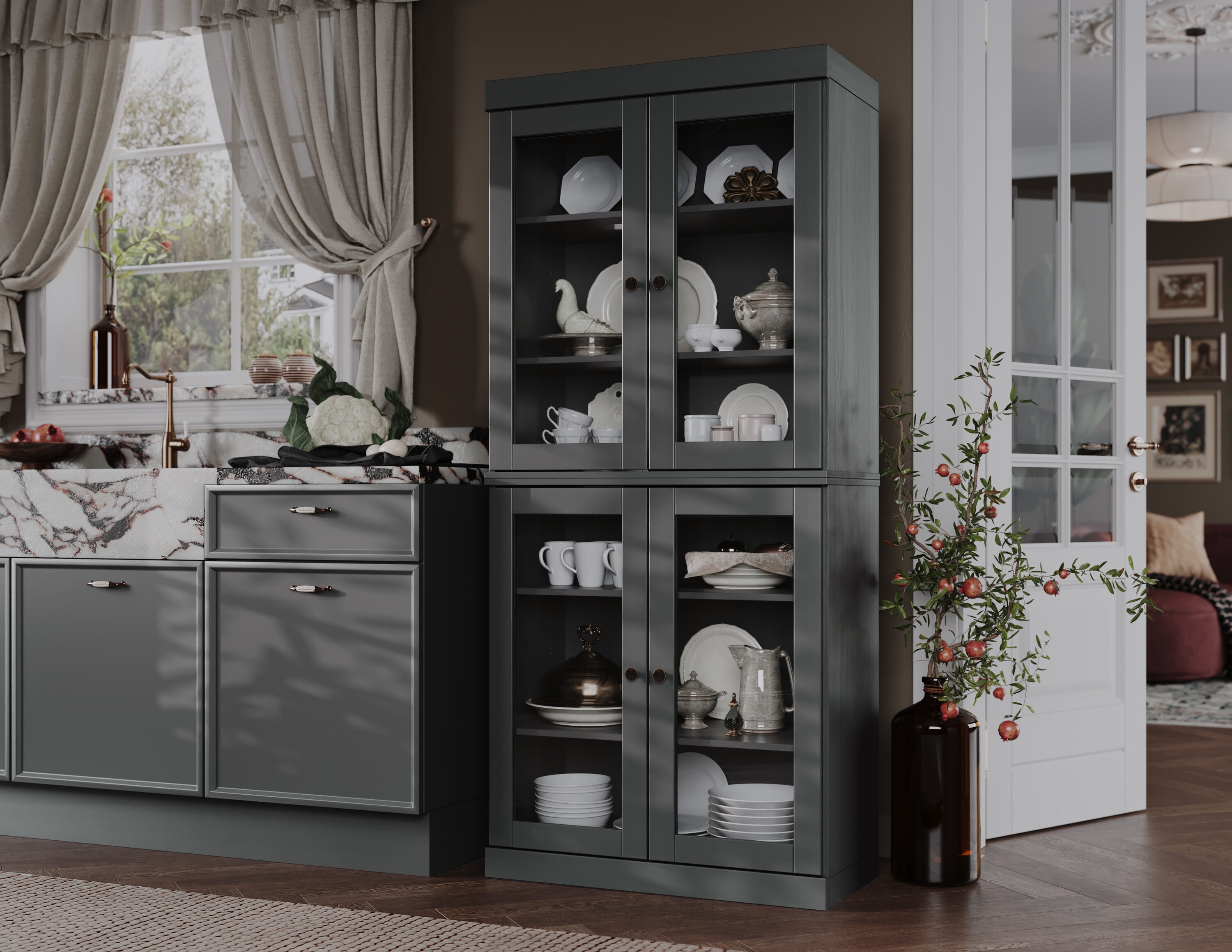 Palace Imports 32-in W Solid Wood Tall Clear Glass Modular Kitchen Pantry Cabinet
