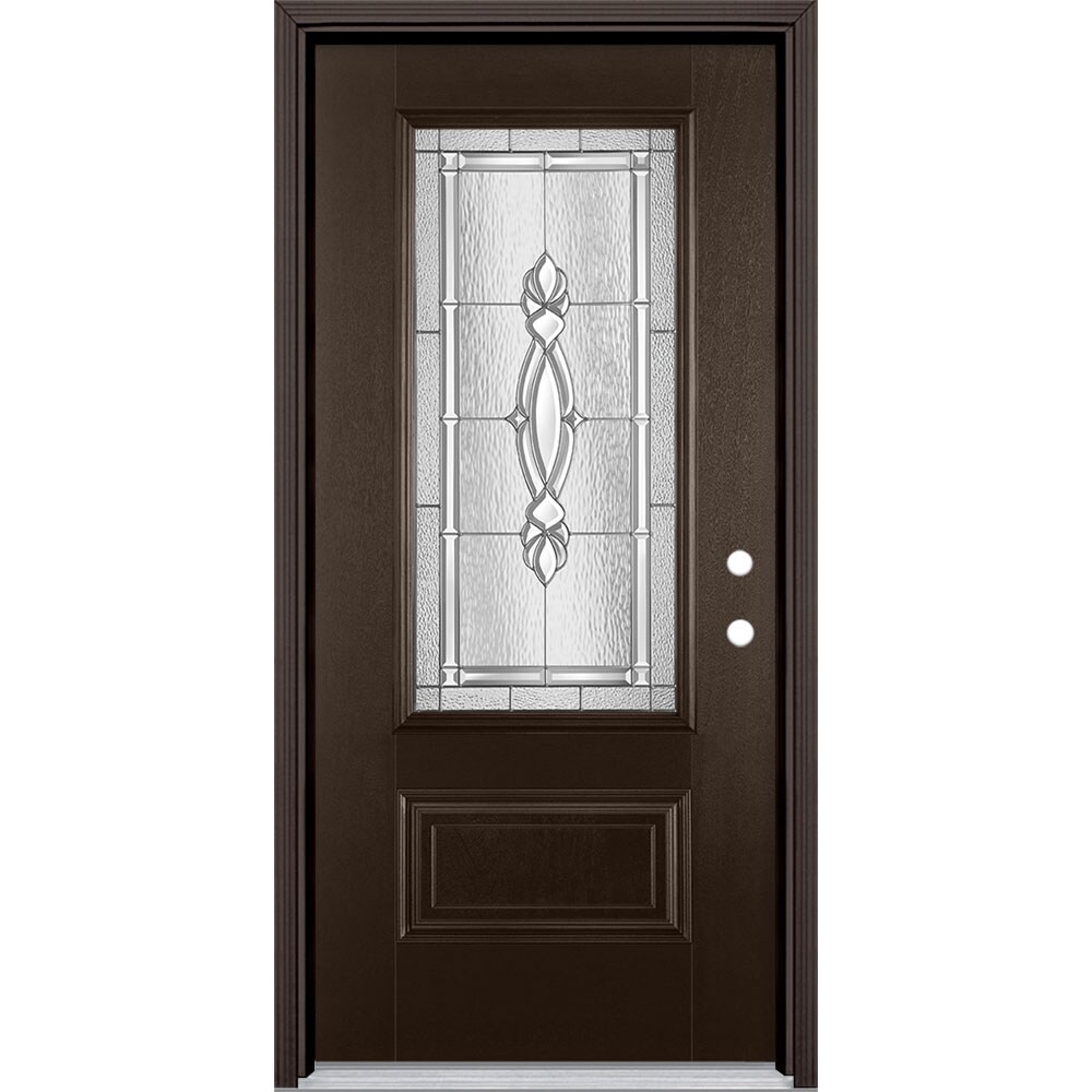 Masonite 3421647 Panama 36-in x 80-in x 4-9/16-in Fiberglass 3/4 lite Left-hand inswing Walnut Stained Prehung Single door Front Door with Brickmould Insulating core Decorative glass