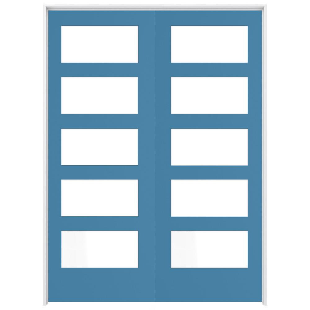 RELIABILT LO1370611 72-in x 80-in Blue Heron Solid core 5-panel equal Frosted glass Reversible/Universal Smooth Prefinished Pine Wood Flat Jamb Double Prehung Interior Door