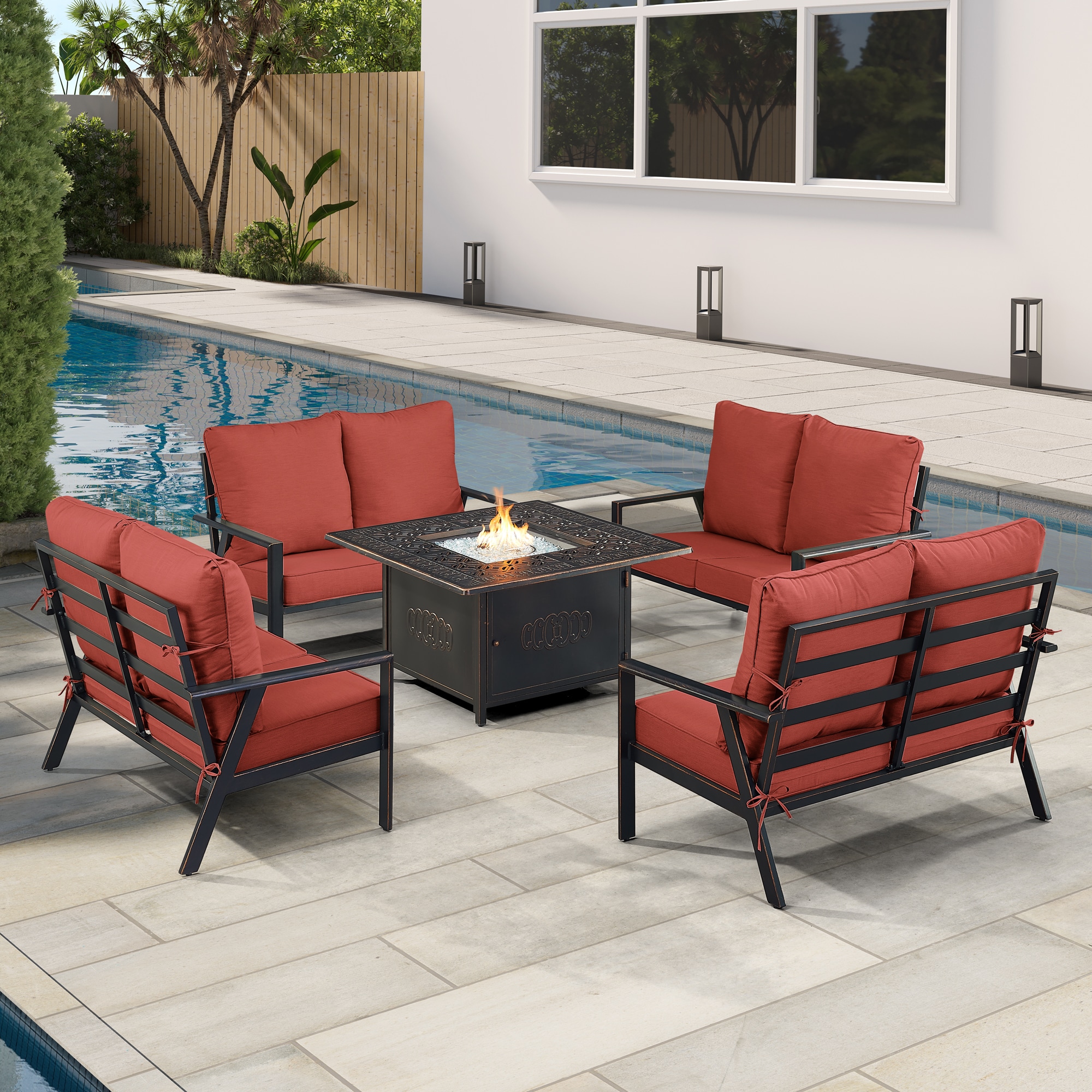 Oakland Living LUX4LSRONINRDCUA Fire Pit Table Set, Four Loveseats and Wind Guard 22 -Piece Patio Conversation Set with Red Cushions