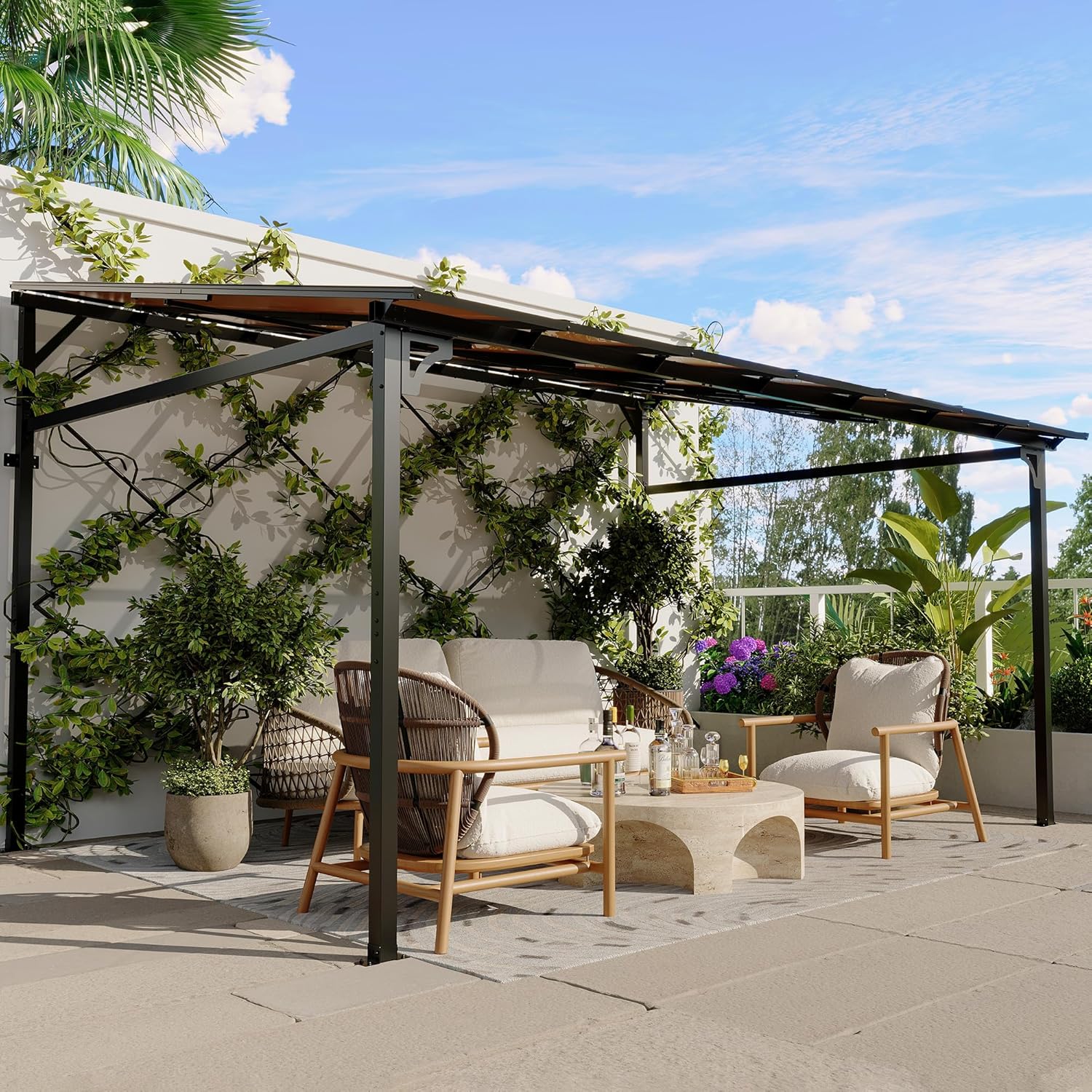 Qeetex GWVAM-1ESYXXIH 12-14FT Gazebo Large Wall Mounted Gazebos Pergola with Metal Frame Hard Top Lean to Pergola Outdoor Patio Lean to Metal Awnings Gazebos for Deck Porch Backyard