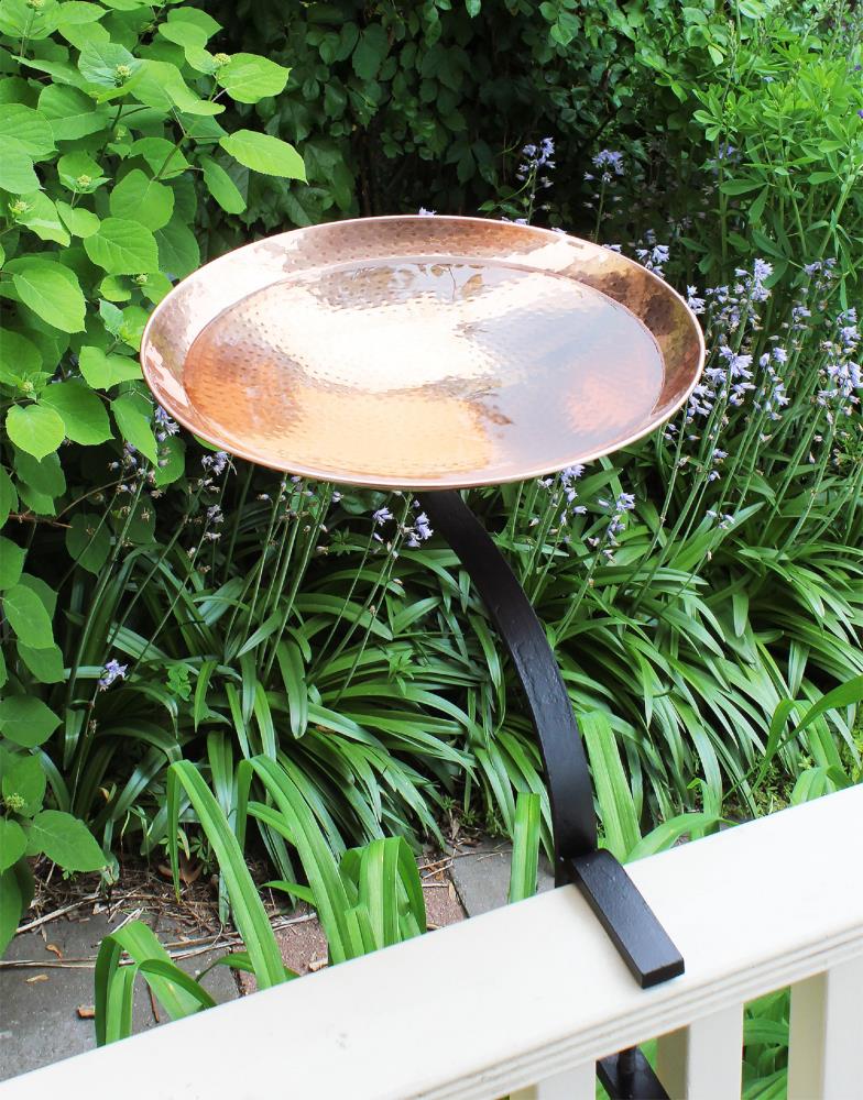 15" Polished Copper Rail-Mounted Birdbath with Wrought Iron Bracket
