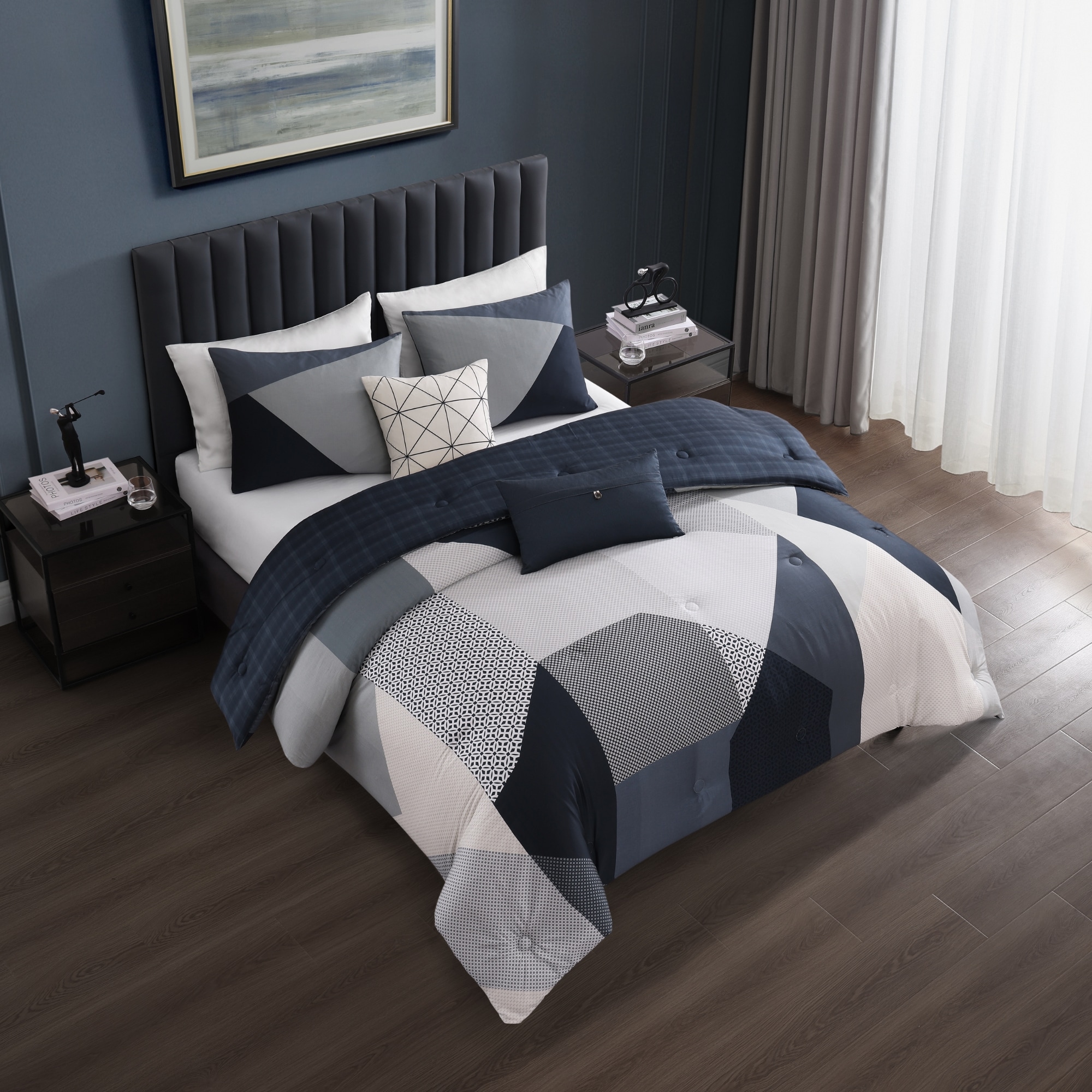 Geo Fusion Navy and Gray Cotton King Comforter Set