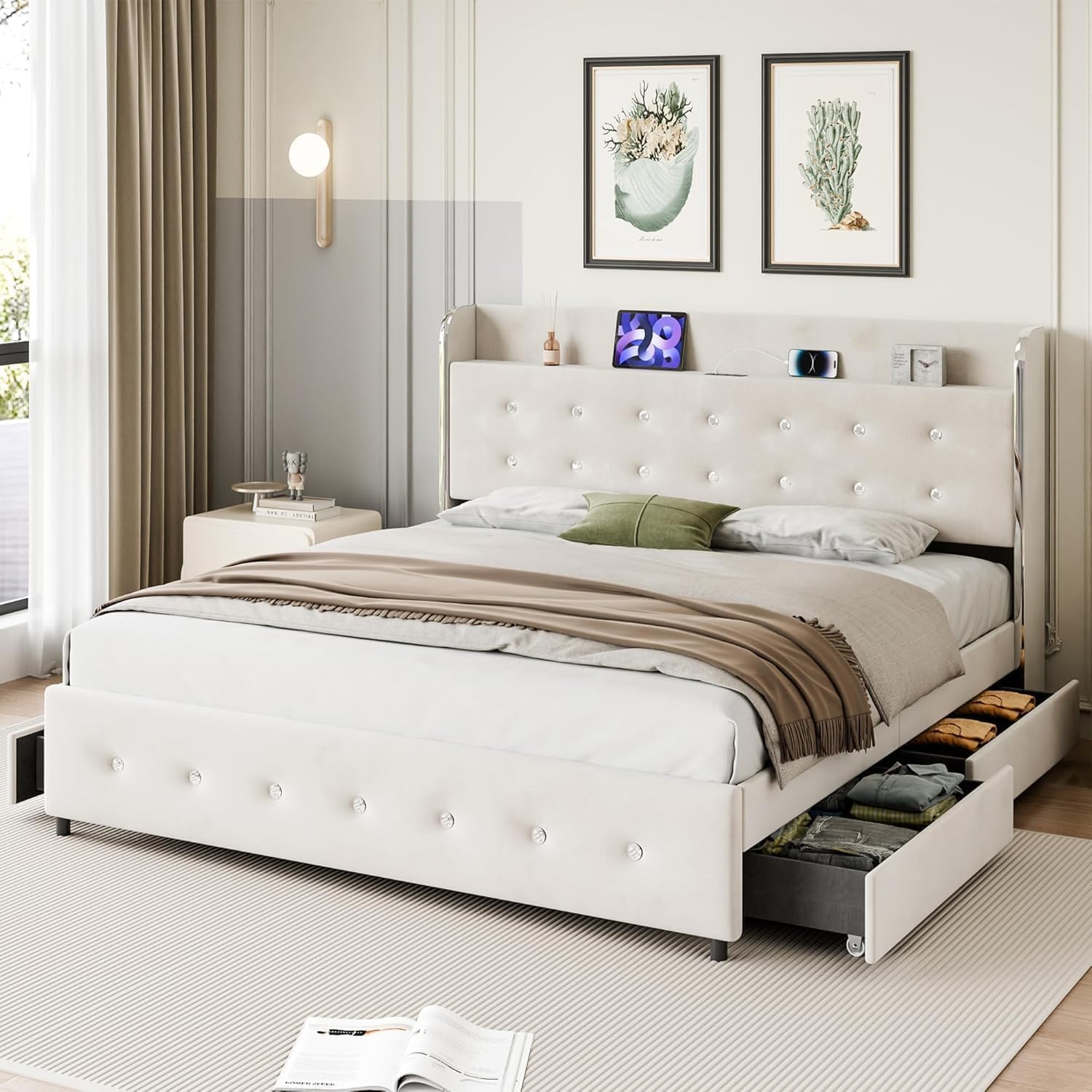Qeetex LHF-BED-PHO-15GUQDIA Queen Bed Frame with Storage Headboard and Charging Station Velvet Upholstered Queen Platform Bed Frame with 4 Drawers and Wooden Slat Support Noise Beige