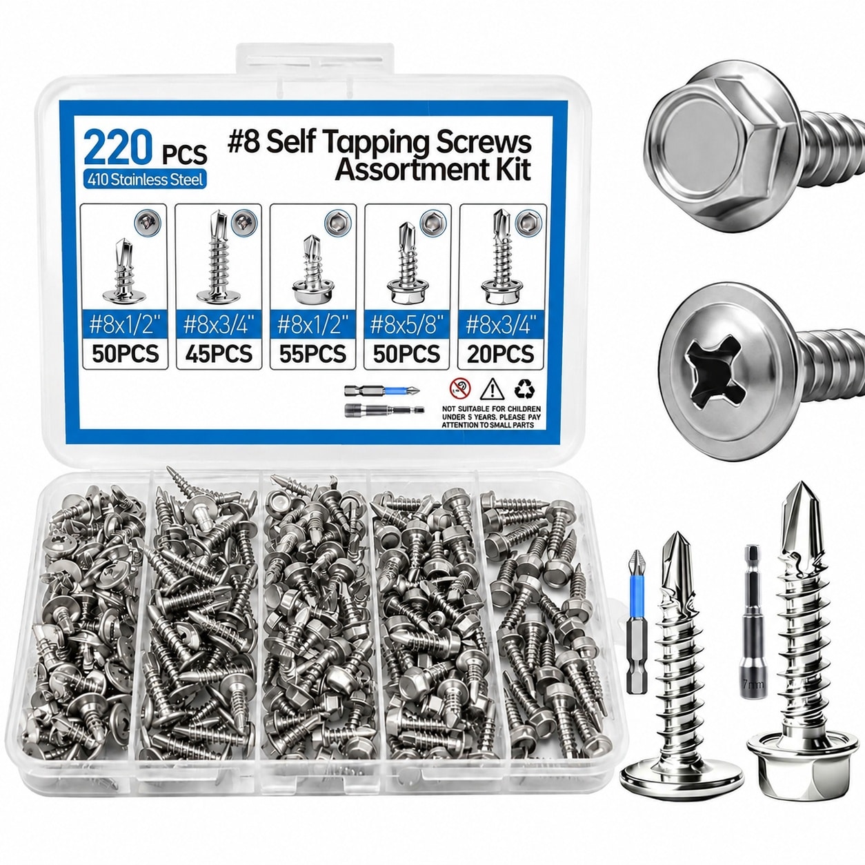 ITOPFOX  220 Pcs Self Tapping Screws Kit Magnetic 410 Stainless Steel Truss Head and Hex Head Screws with Driver Bits for Metal Roof Fixing and