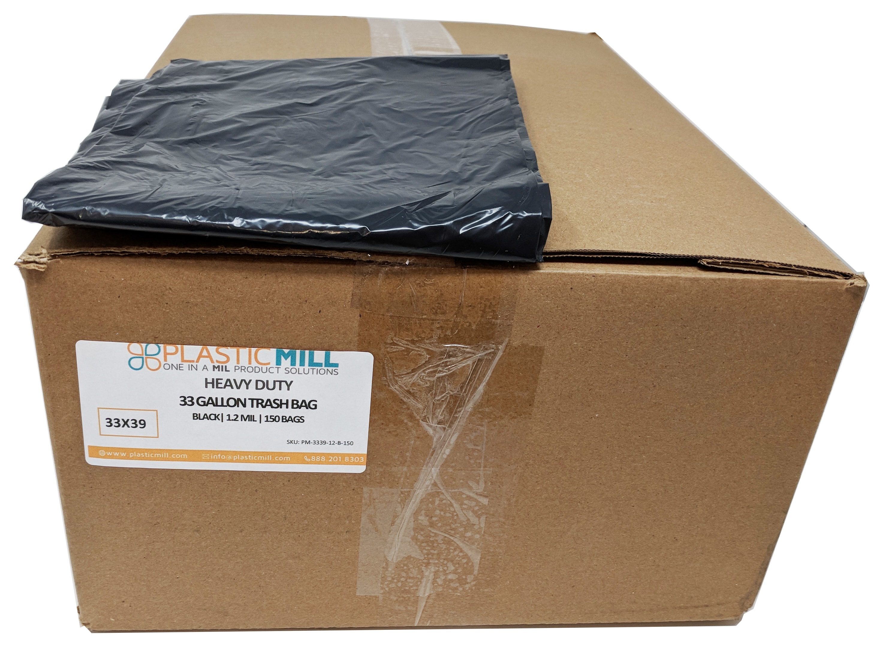 PlasticMill 33 Gallon Garbage Bags: Black, 1.2 mil, 33x39, 150 Bags.