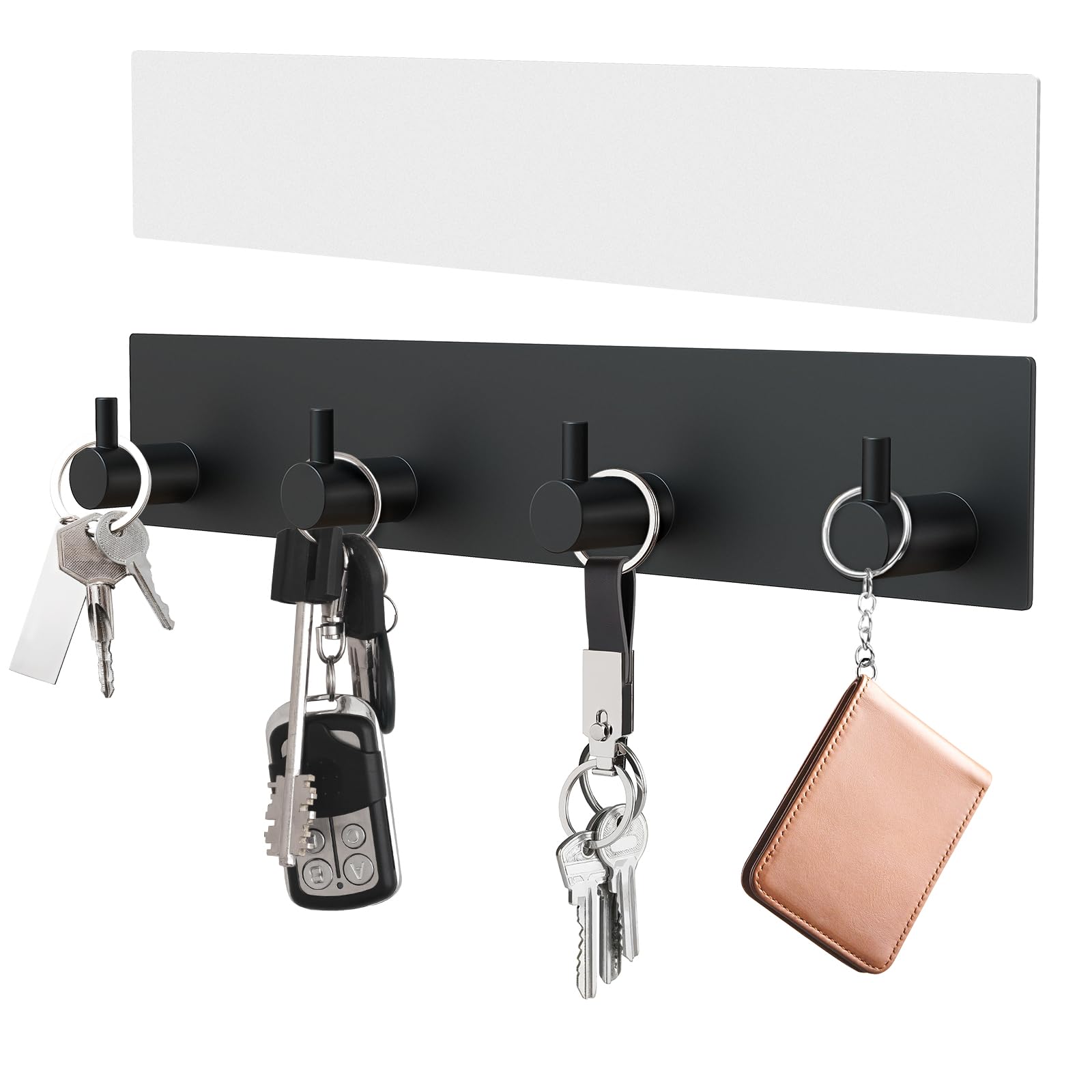 Phyfalip  Large Metal Key Holder Wall Mount Self Adhesive Key Hanger with Four Hooks No Drilling Extra Adhesive Strip Black