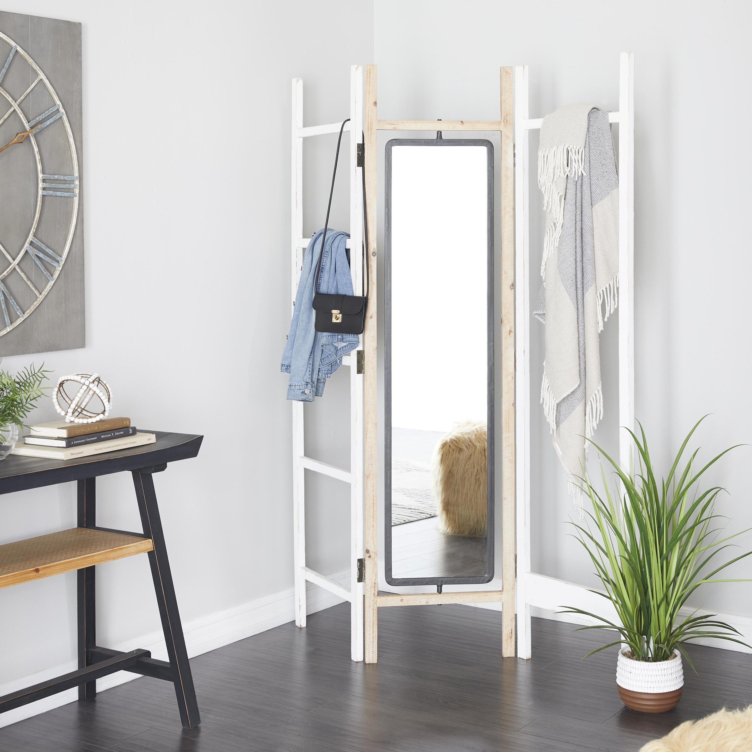 The Novogratz 98829 3 -Panel White Hinged Foldable 3 Panel with Mirror and Ladder Frame Wood Contemporary/Modern Style Room Divider